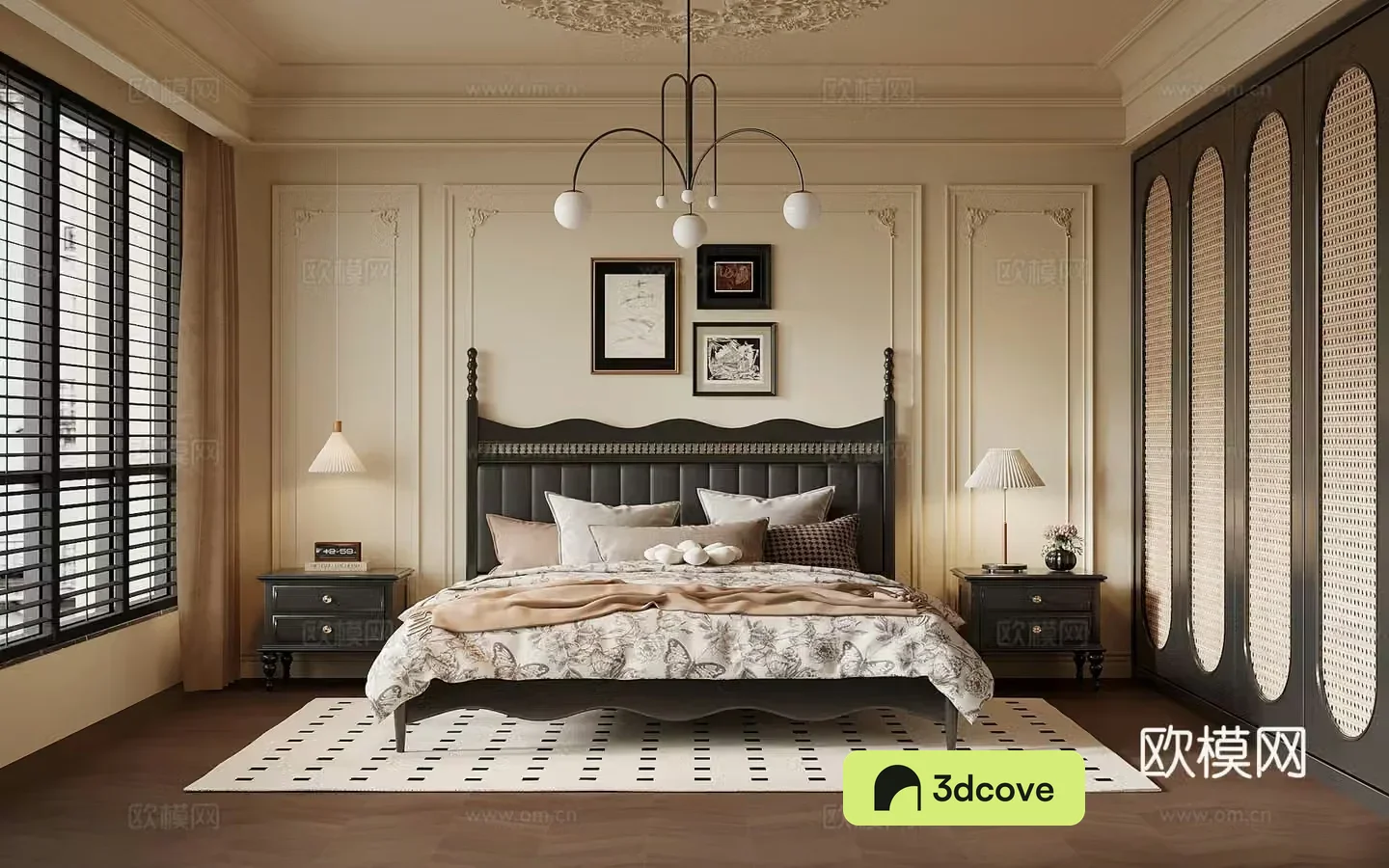 French retro style bedroom wardrobe bedding combination double bed