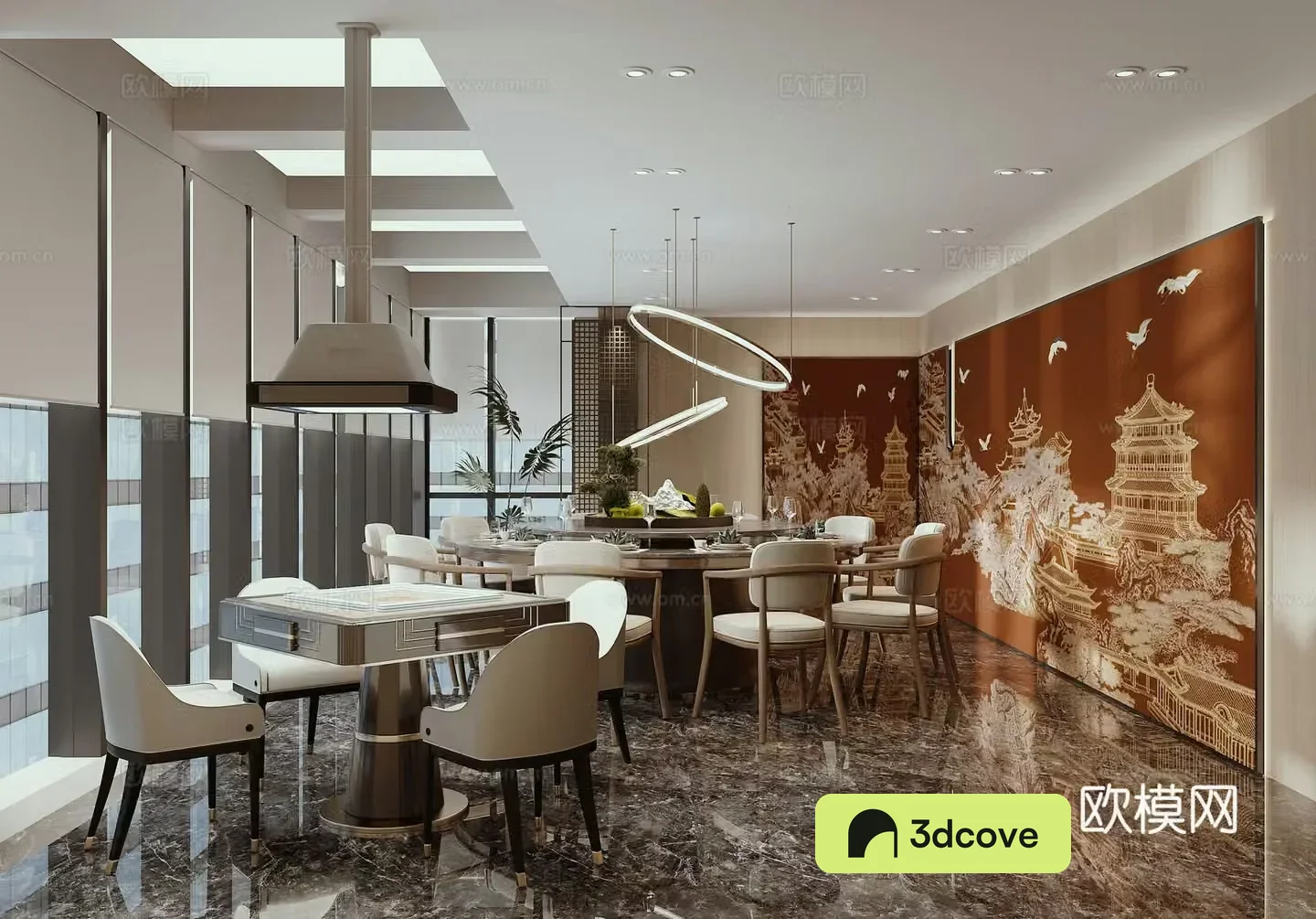 New Chinese restaurant private rooms Hotel VIP rooms Mahjong table Mahjong lamp Curtain