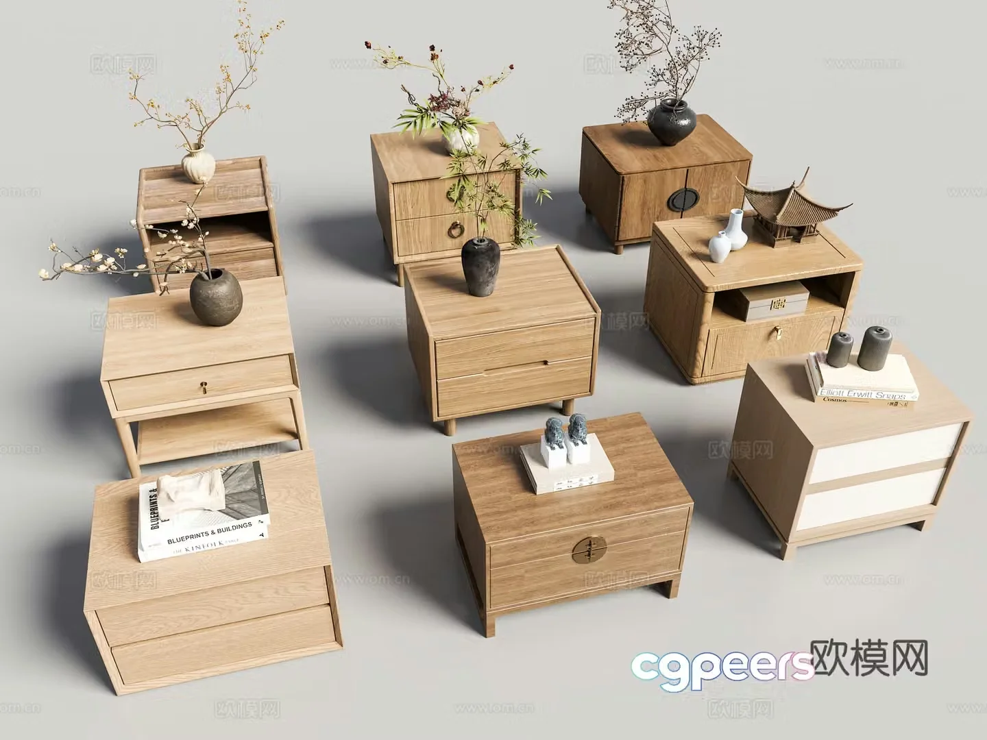 Chinese bedside table combination New Chinese bedside table combination Wasabi Medium-old bedside table bedside table 3D model