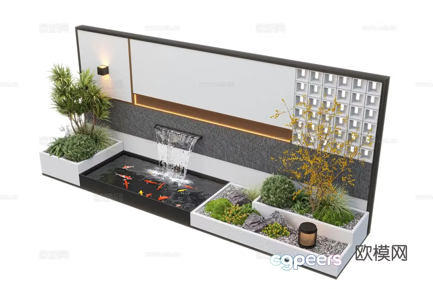 Modern courtyard waterscape waterscape wall stacked water landscape plants fish pond 3d model