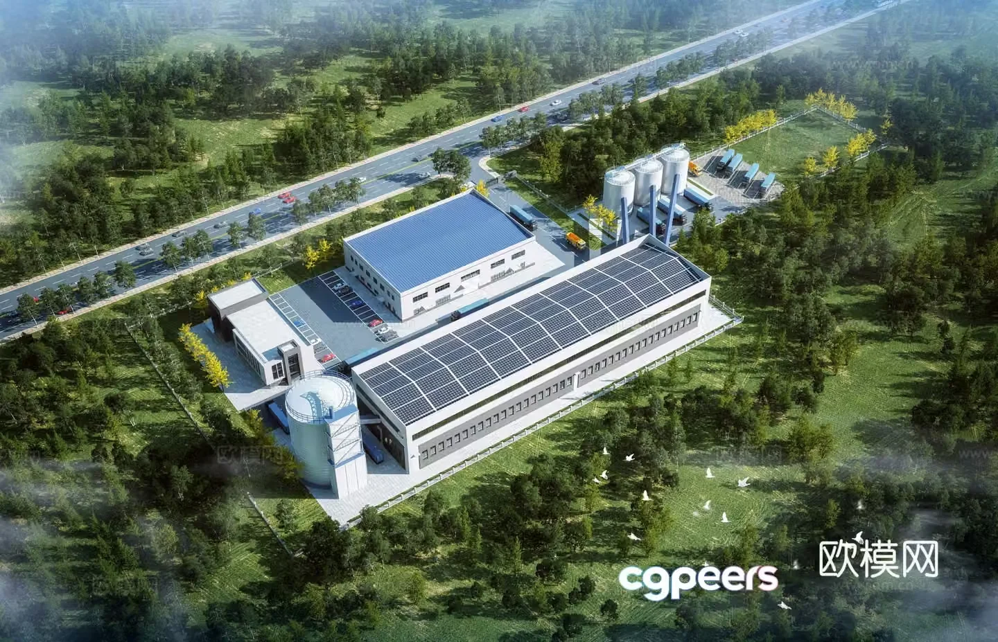 Aerial view 3d model of modern factory building