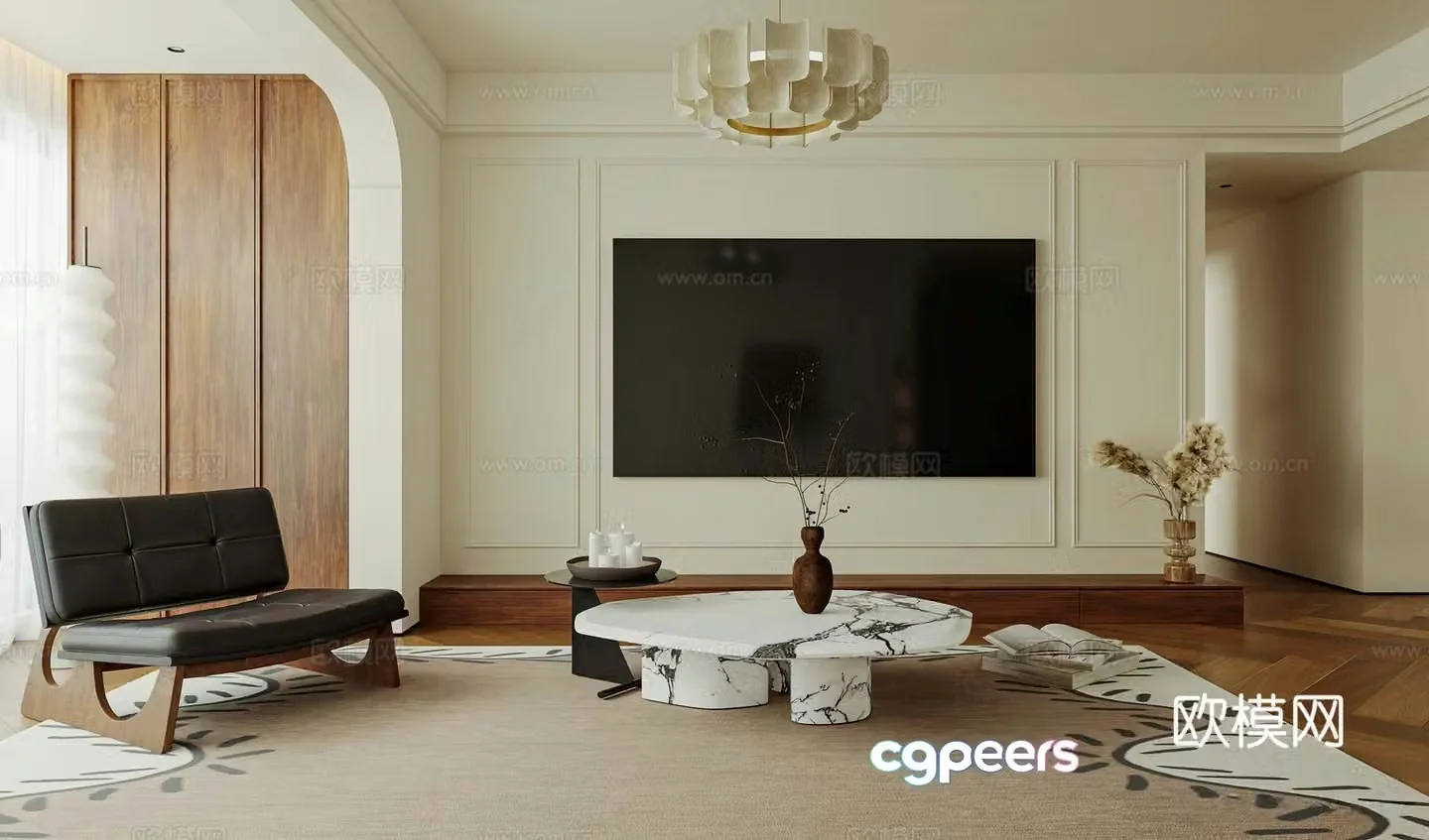 Medium cream home living room sofa coffee table combination TV cabinet TV background wall sofa background 3d model