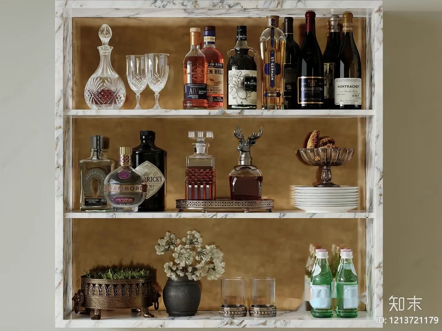 Marble Shelf With Various Bottles And Glasses 3D Model – 12923 – VRAY Render