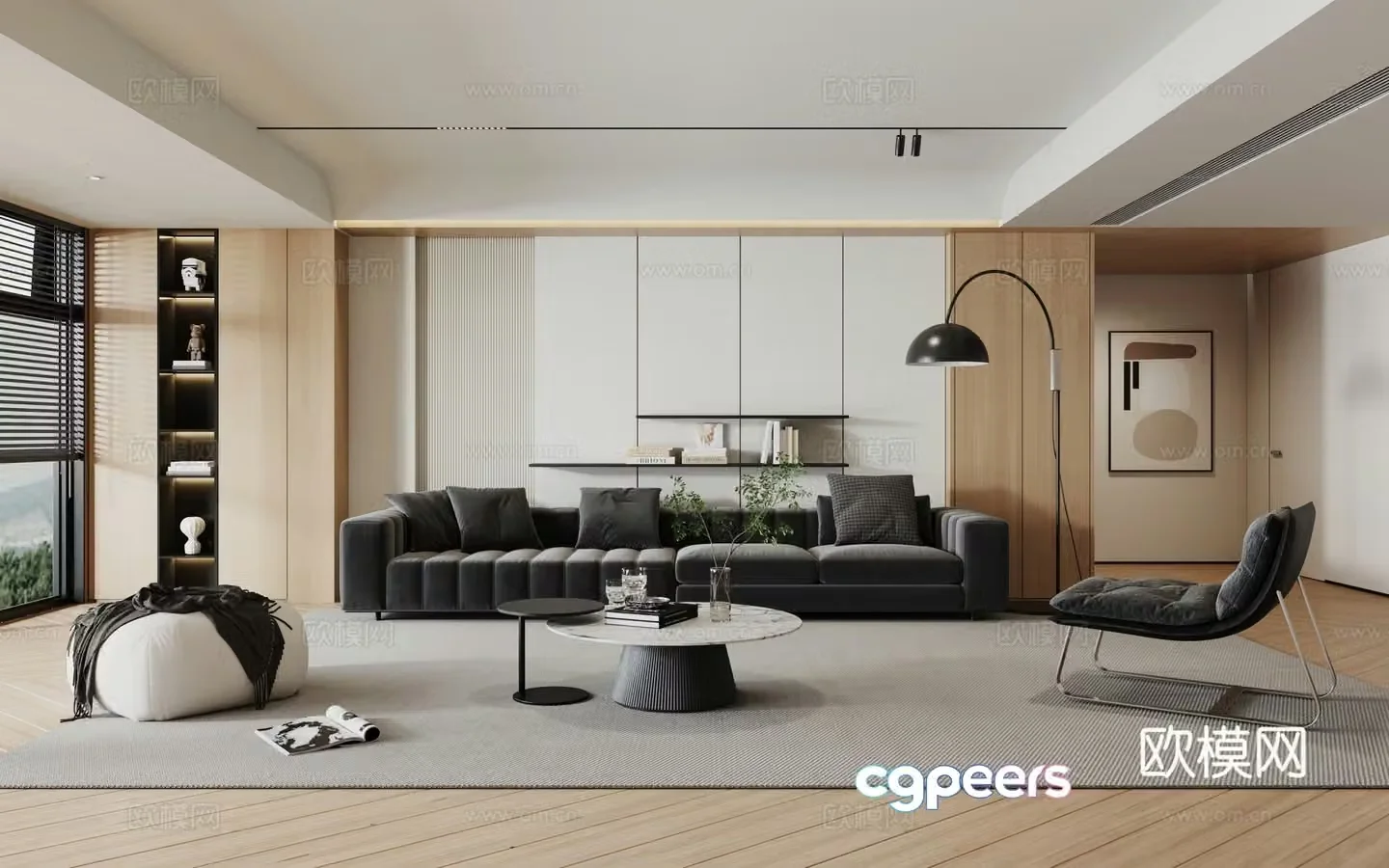 Modern minimalist log living room 3d model