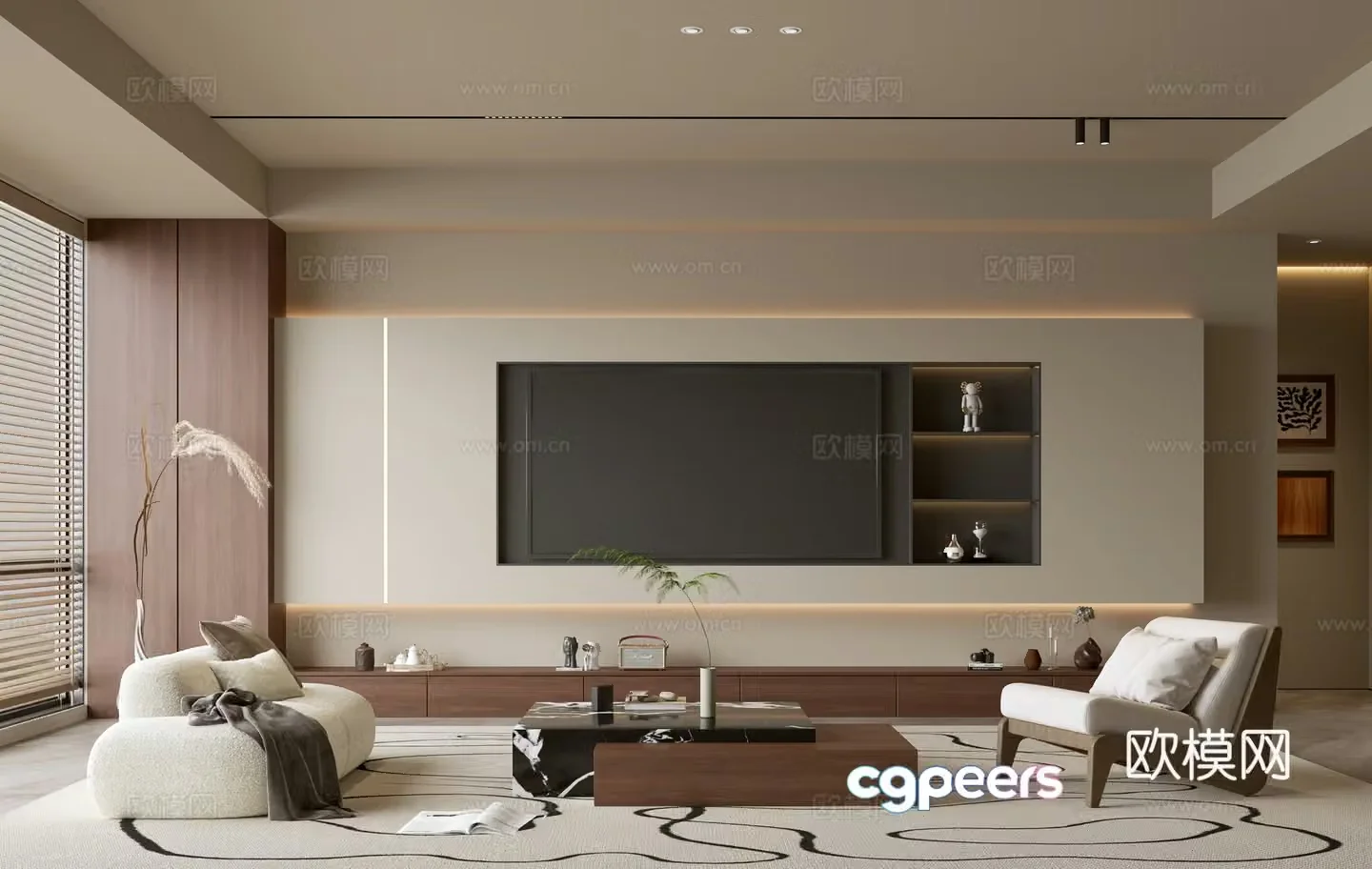 Middle-aged and silent living room Song style living room Light luxury TV background wall combination Coffee table Sofa combination 3D model