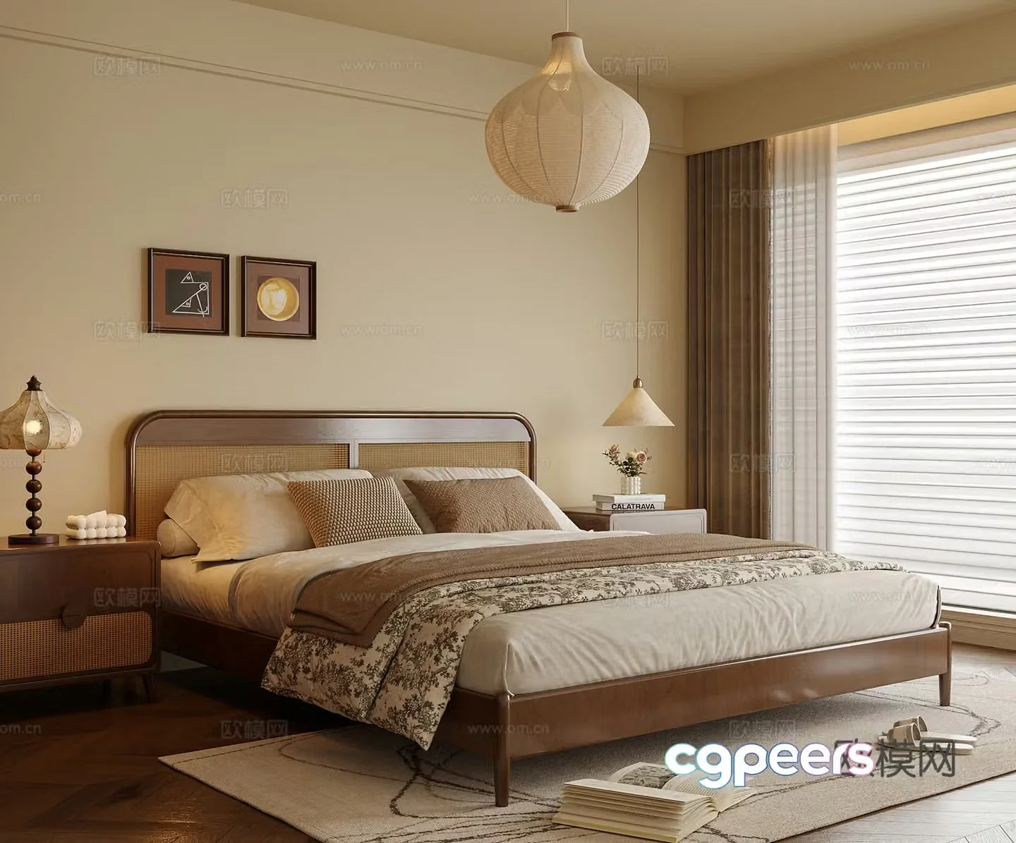Modern Song style bedroom double bed nightstand chandelier 3d model
