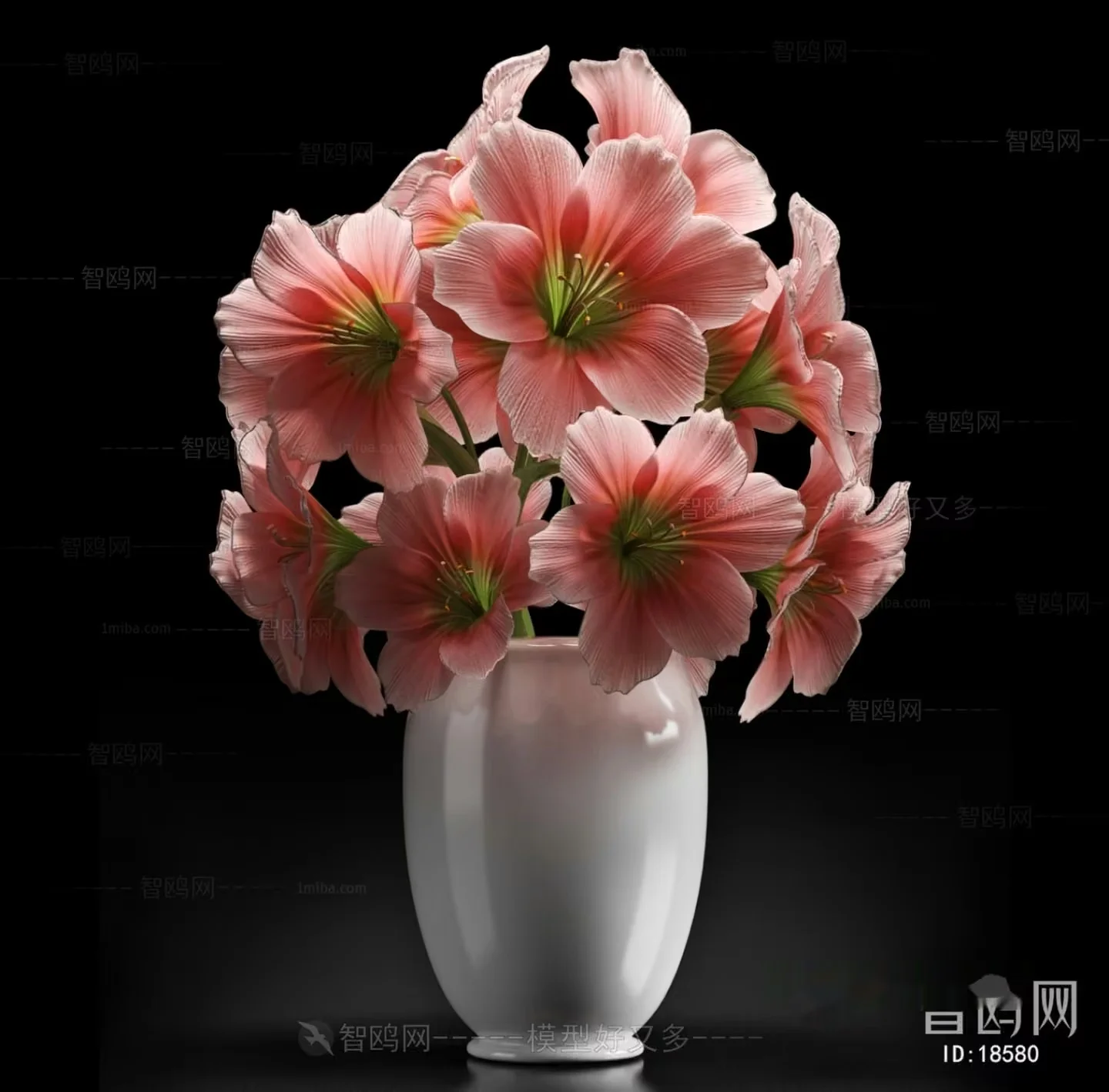 A White Vase With Pink Flowers 3D Model – 14379 – VRAY Render