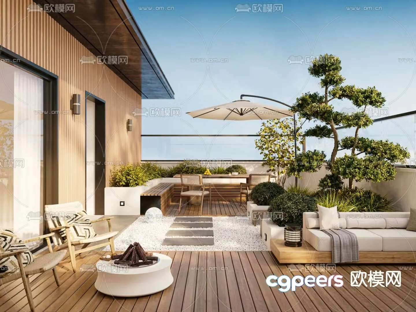 Creamy Balcony Terrace Penthouse Garden 3D Model