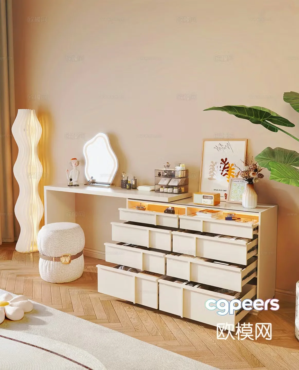 Modern cream dressing table cream style makeup cabinet makeup stool cosmetics combination cream style floor 3D model