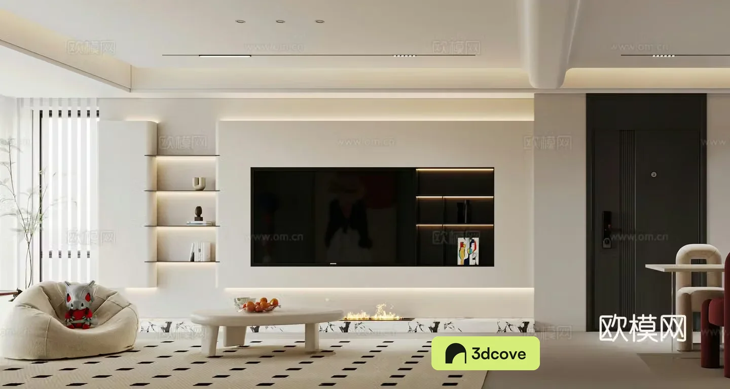Modern living and dining room TV background wall fireplace lazy sofa TV background wall island