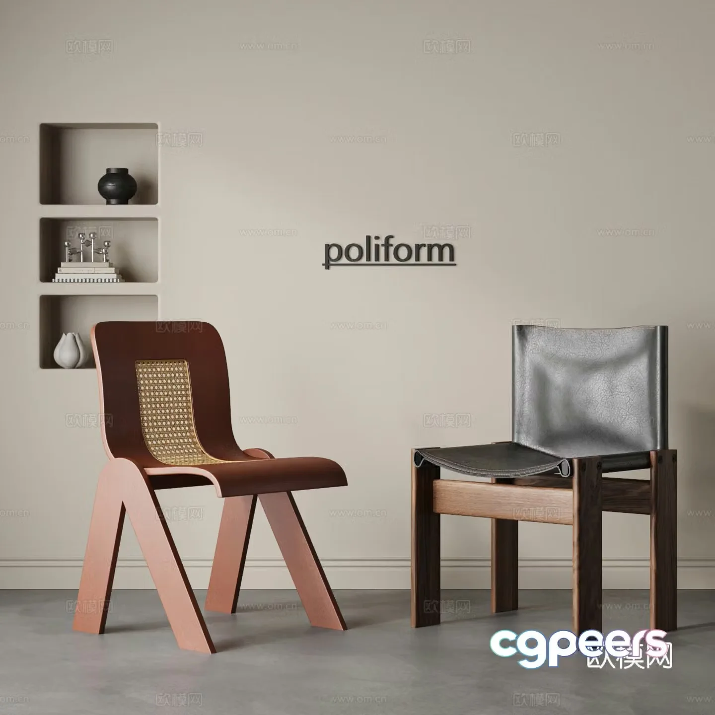 Medium style dining chair combination single chair leisure chair wooden chair leather chair wasaki style retro 3d model