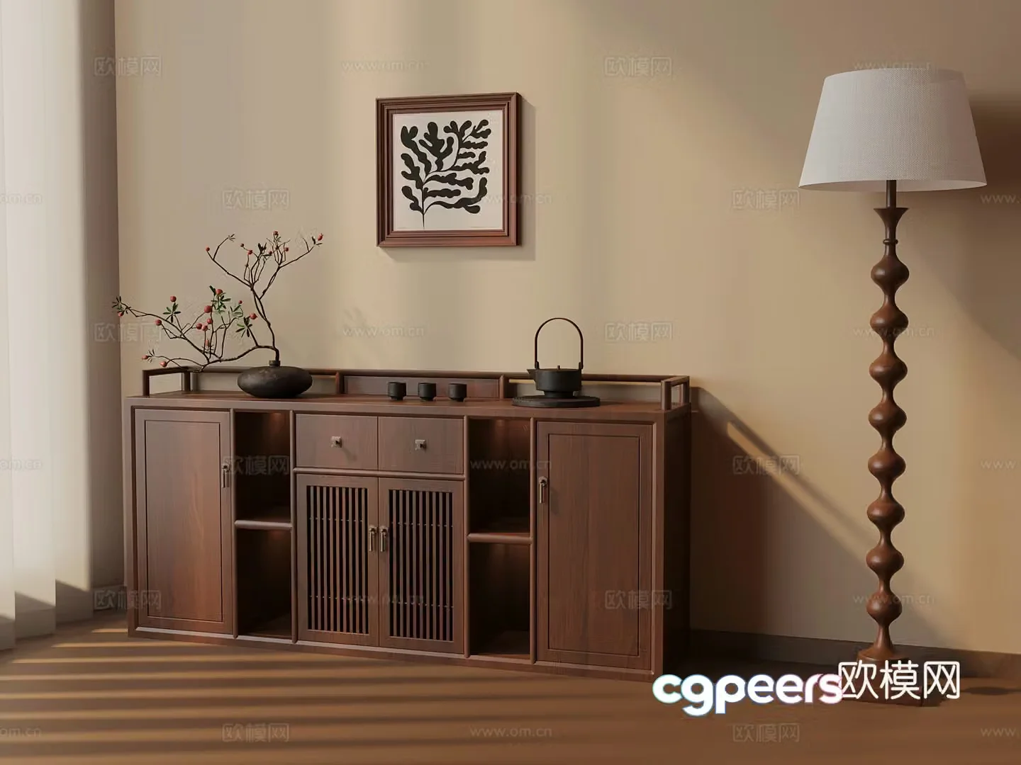New Chinese style tea cabinet tea set floor lamp 3d model