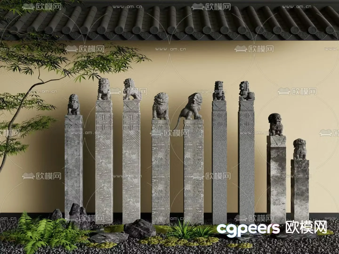 Chinese courtyard sculpture horse-tying post stone lion sketch 3D model