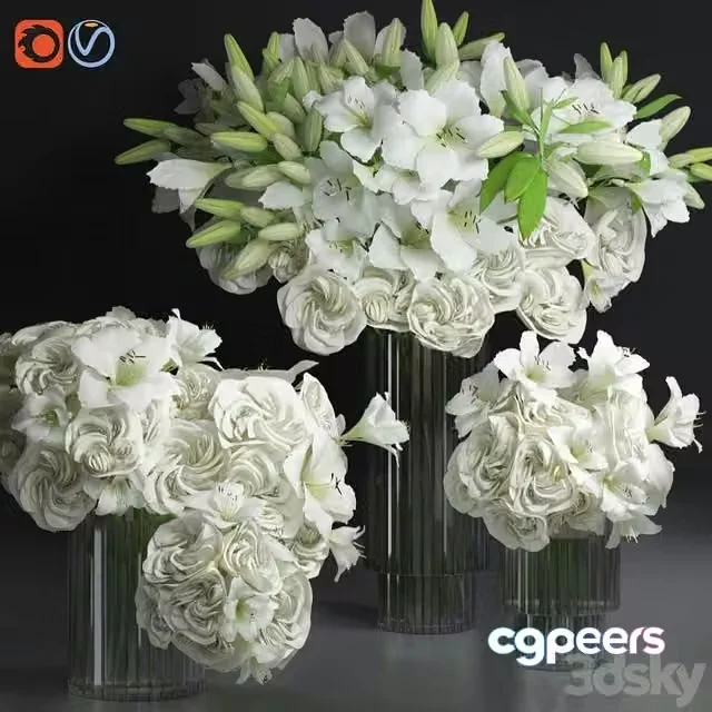 3ds Max Free – White Lily Tuberose Peony Camelia Bouquet Decorative Glass Vases Set
