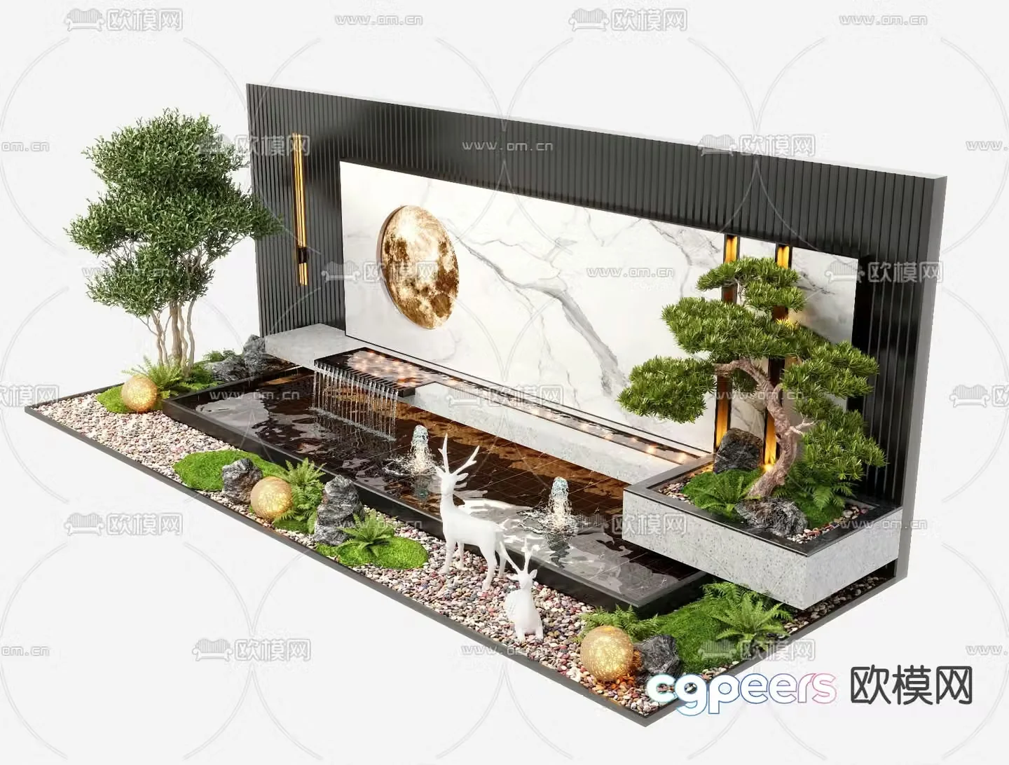 New Chinese style water feature wall fountain falling water sketch 3D model