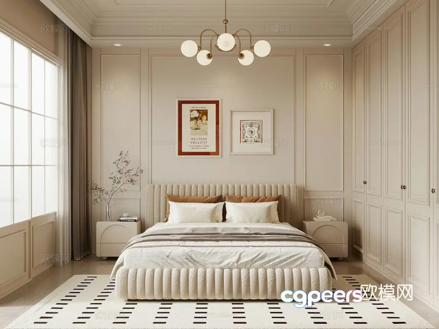 French creamy bedroom double bed nightstand wardrobe 3d model