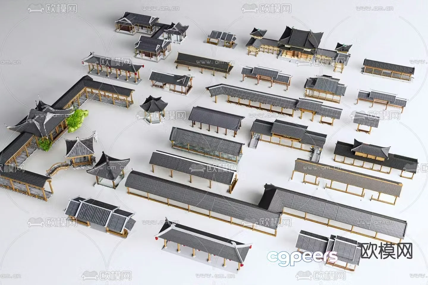 Chinese-style promenade corridor corridor four-corner pavilion 3D model