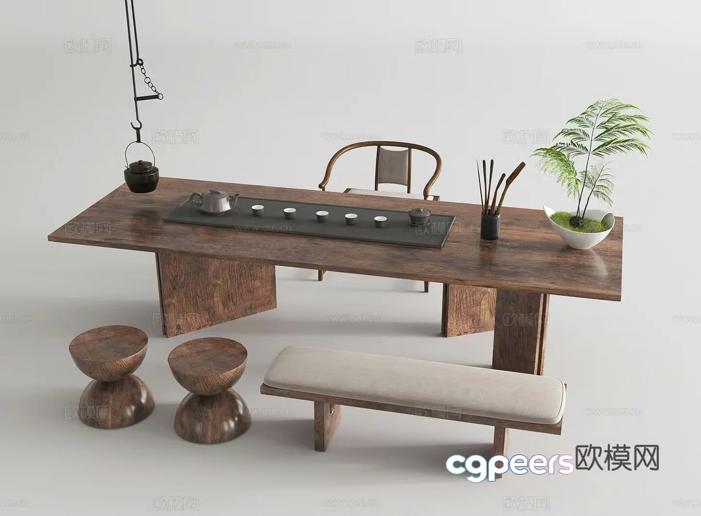 New Chinese-style tea table and chair combination tea table single chair jewelry ornaments big table long table tea set 3D model