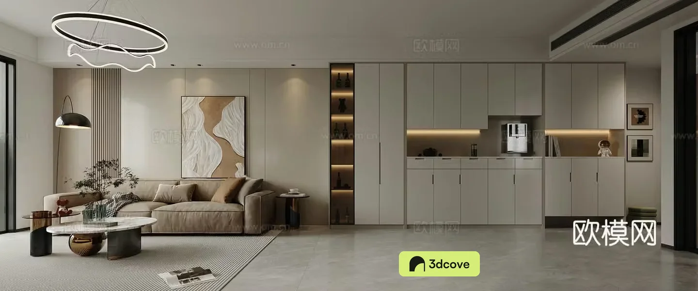 Modern living and dining room panoramic view Living room Dining room hanging painting chandeliers decorative cabinet