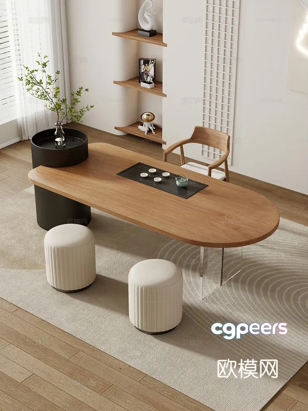 Creamy large plate table tea table and chair combination tea table tea table tea room tea table balcony tea table 3D model