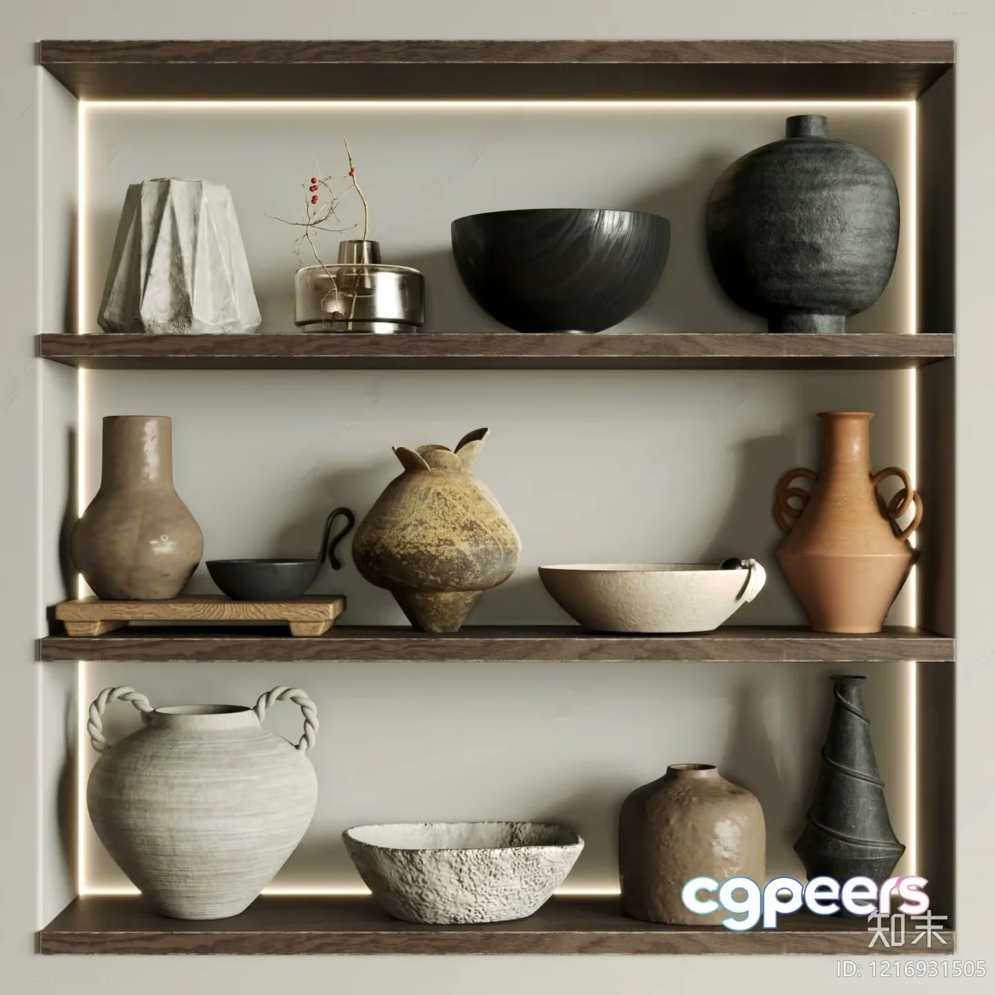 Shelves With Ceramic Vases 3D Model – 18445 – VRAY Render
