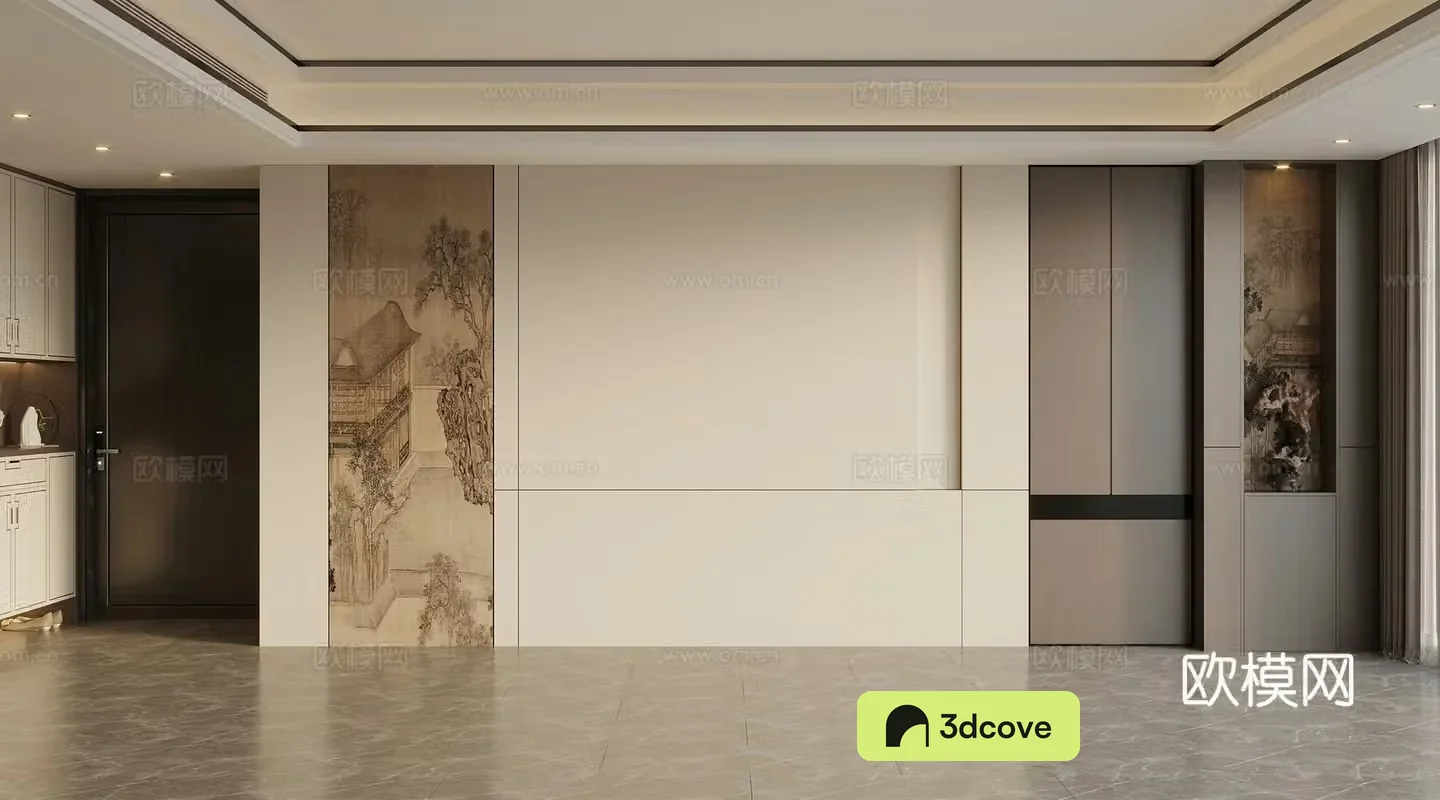 New Chinese style Living room background wall Sofa background wall Wooden veneer Hard package