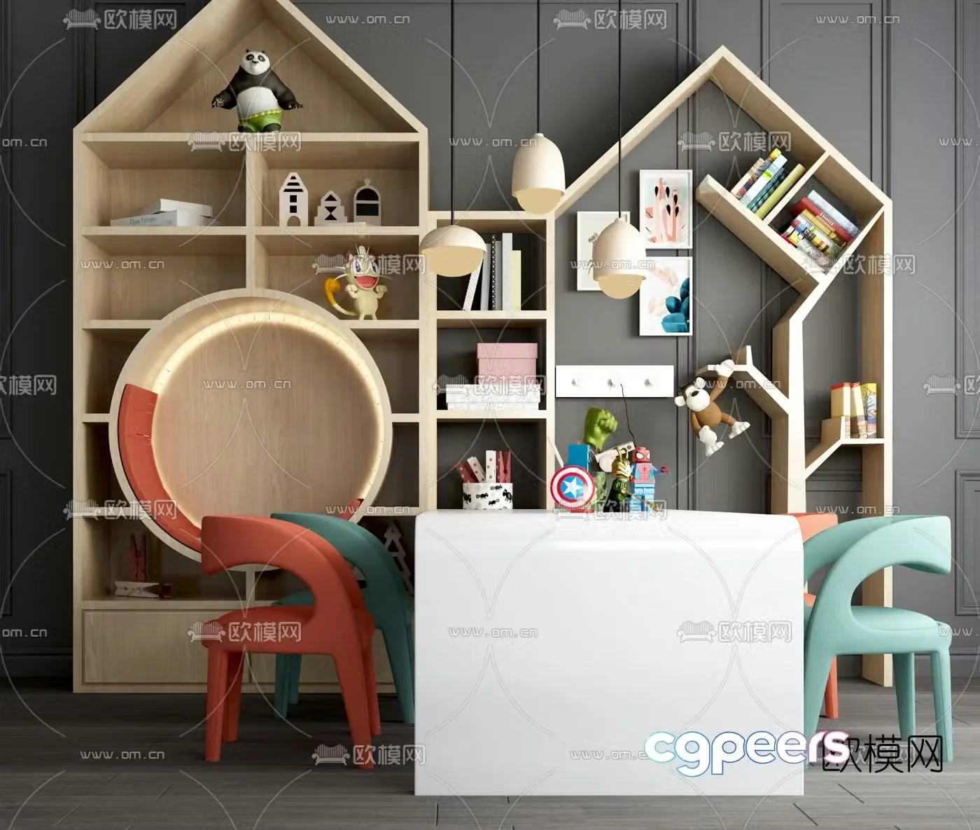 Nordic children’s desk chair bookcase 3d model
