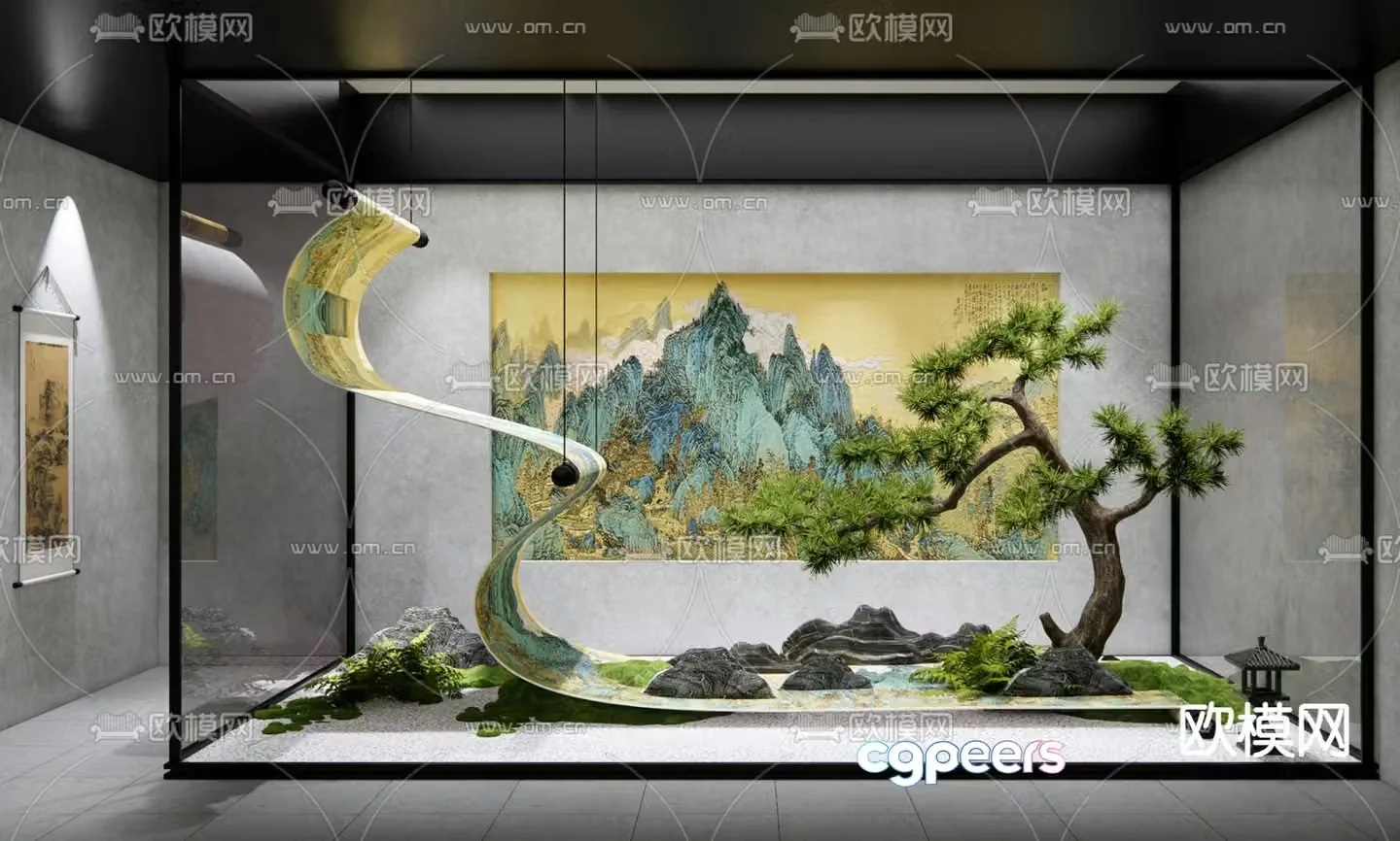New Chinese style landscape calligraphy and painting landscape sketch 3D model