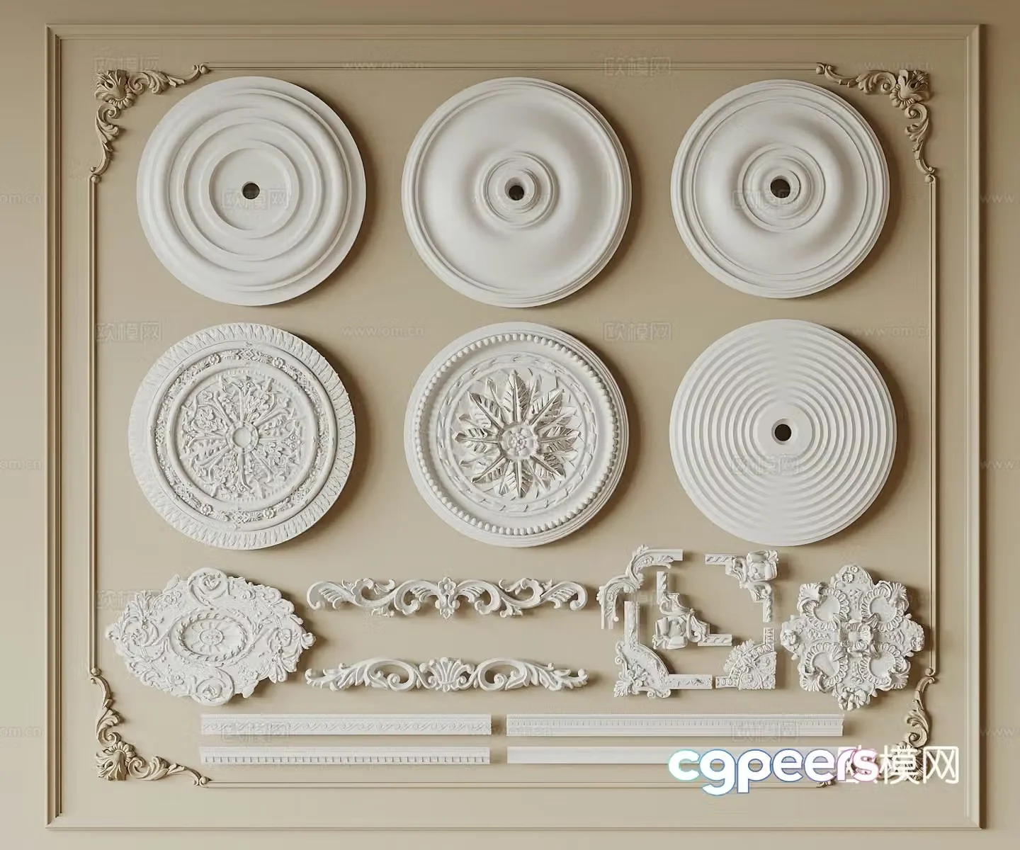 European carved lamp panel plaster disc plaster line 3D model
