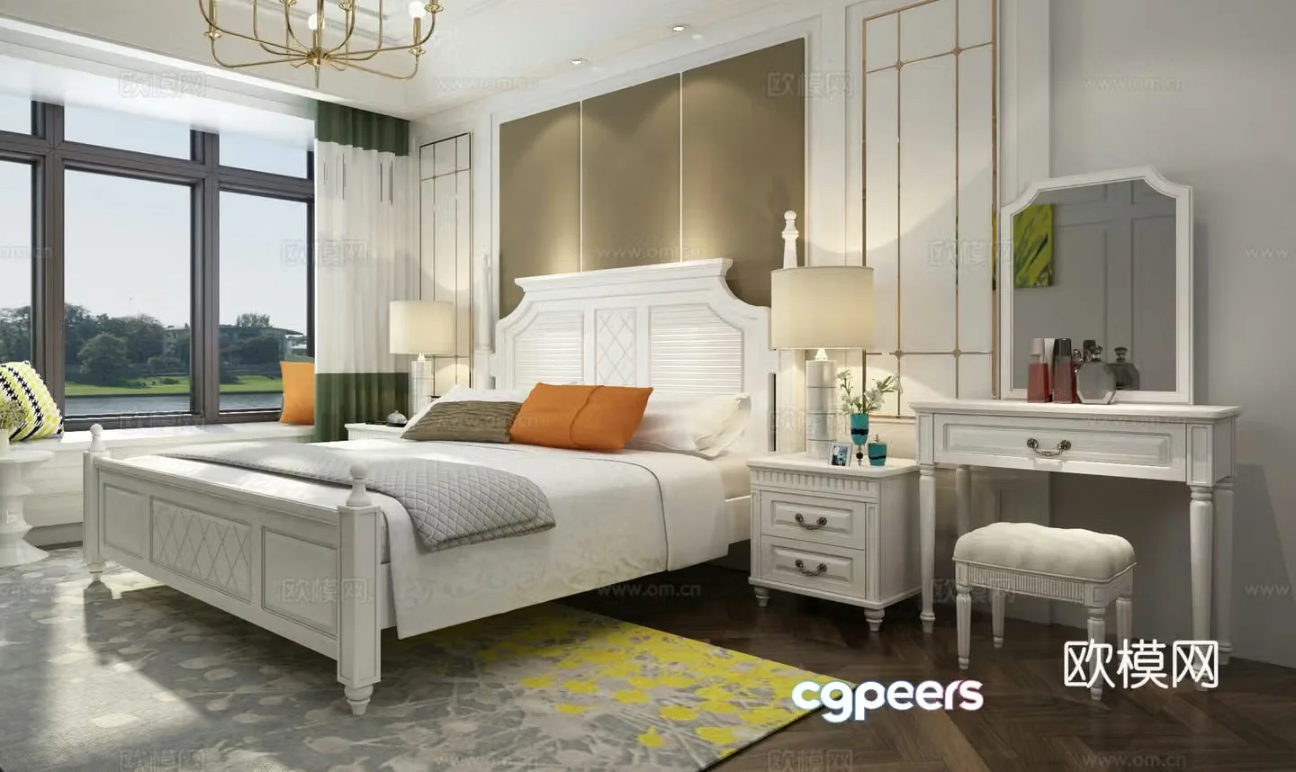 American pastoral suite furniture bed set dressing table 3D model