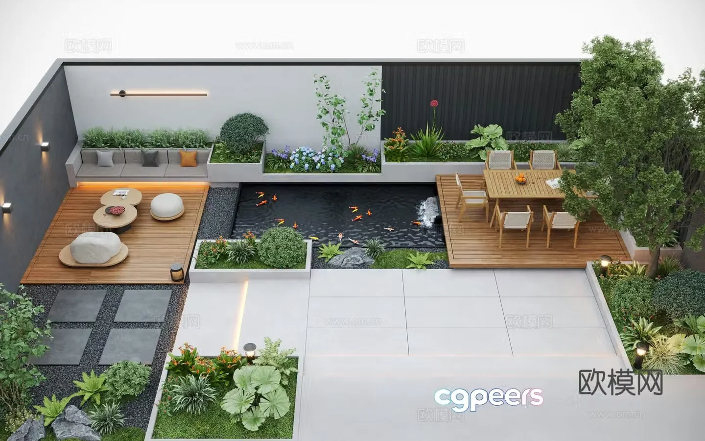 Modern courtyard landscape courtyard garden courtyard water view outdoor leisure chair outdoor dining table 3d model