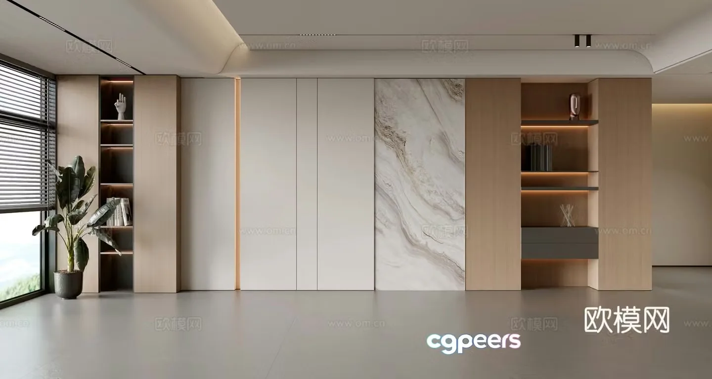 Modern simple sofa background wall modern ornament balcony cabinet living room cabinet wood veneer background wall 3d model