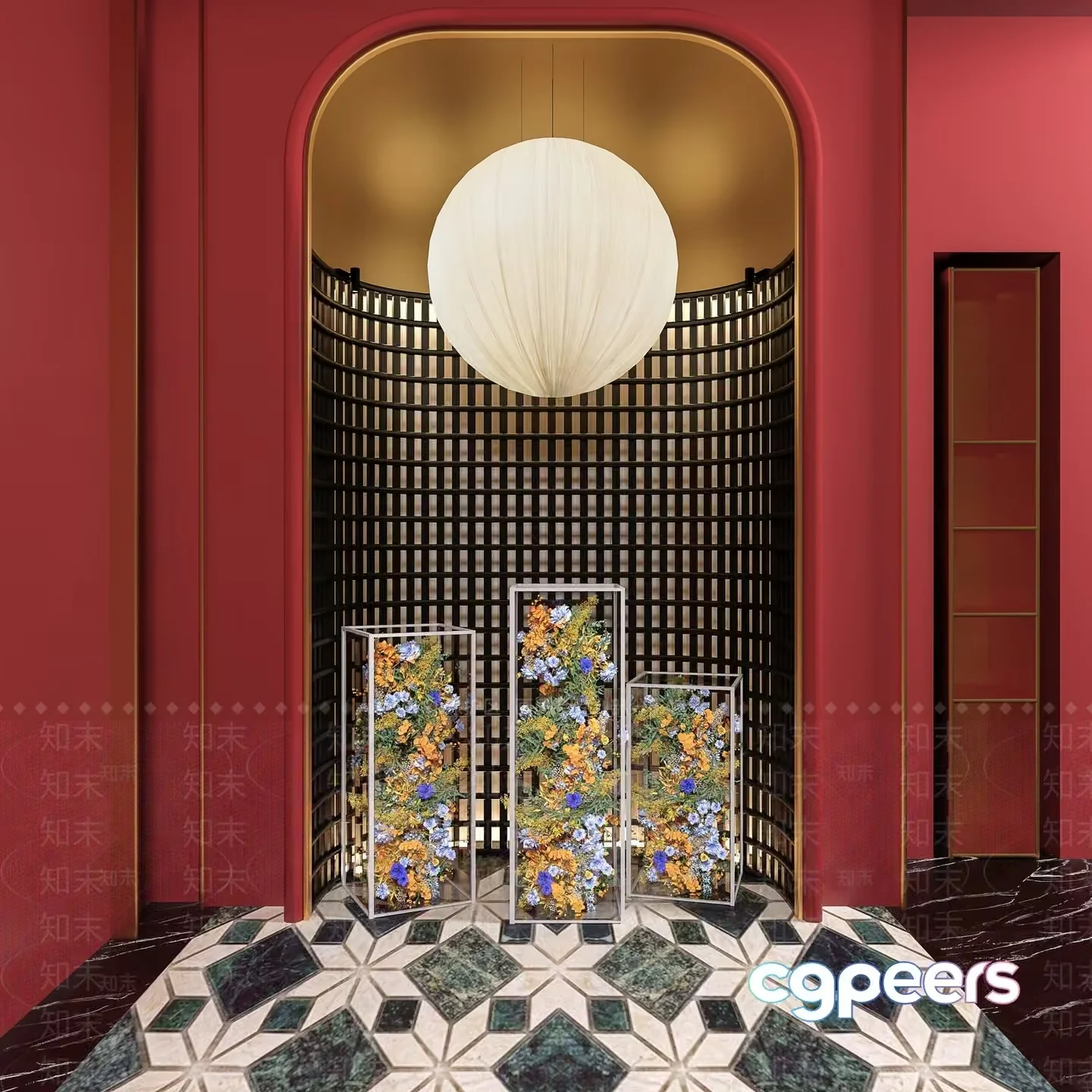 A Red Wall With A Doorway And A Large White Light Fixture 3D Model – 12753 – VRAY Render