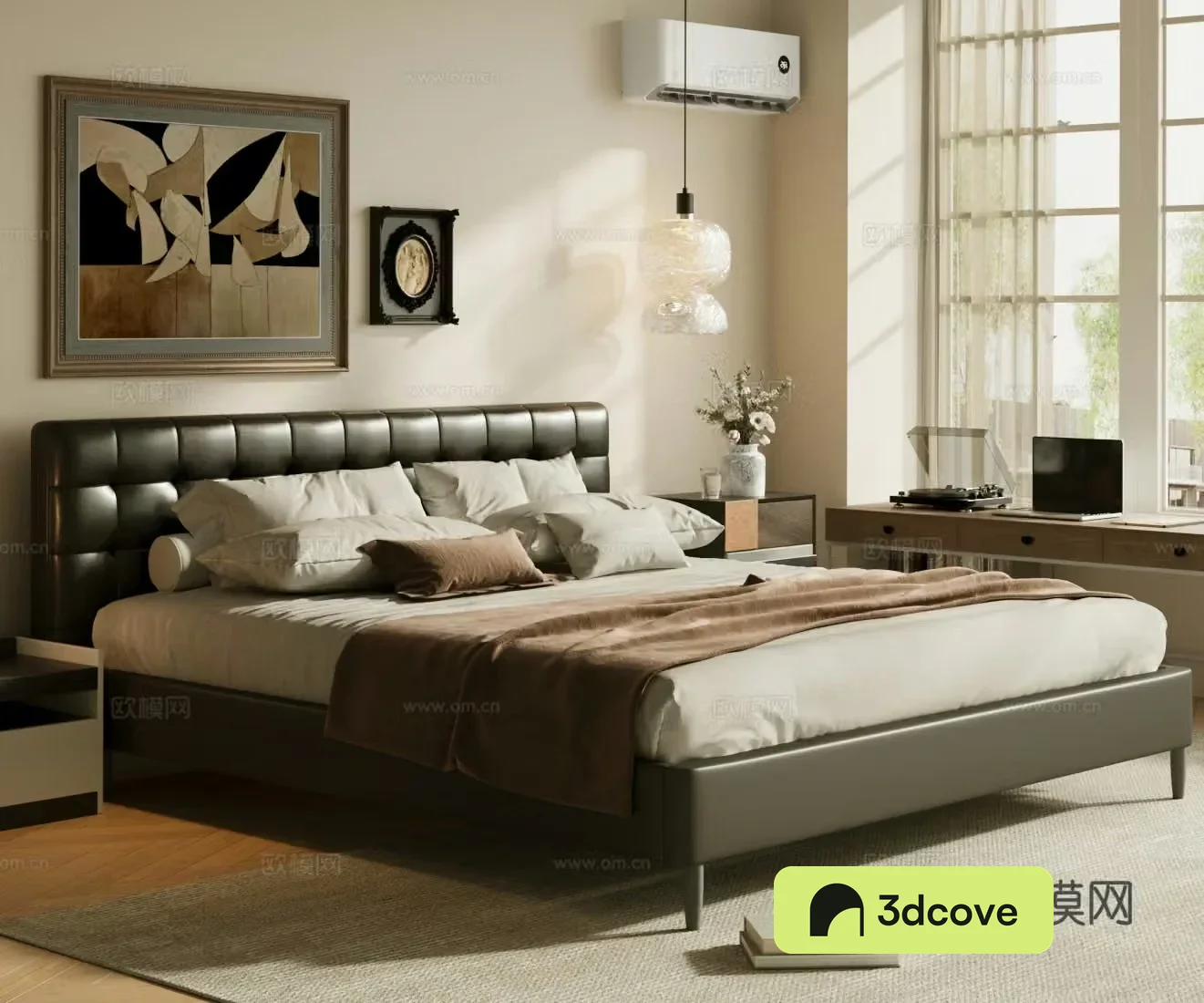 Middle-aged double bed Black leather bed Leather bed Black bed Middle-aged master bedroom Master bedroom bed 3D model