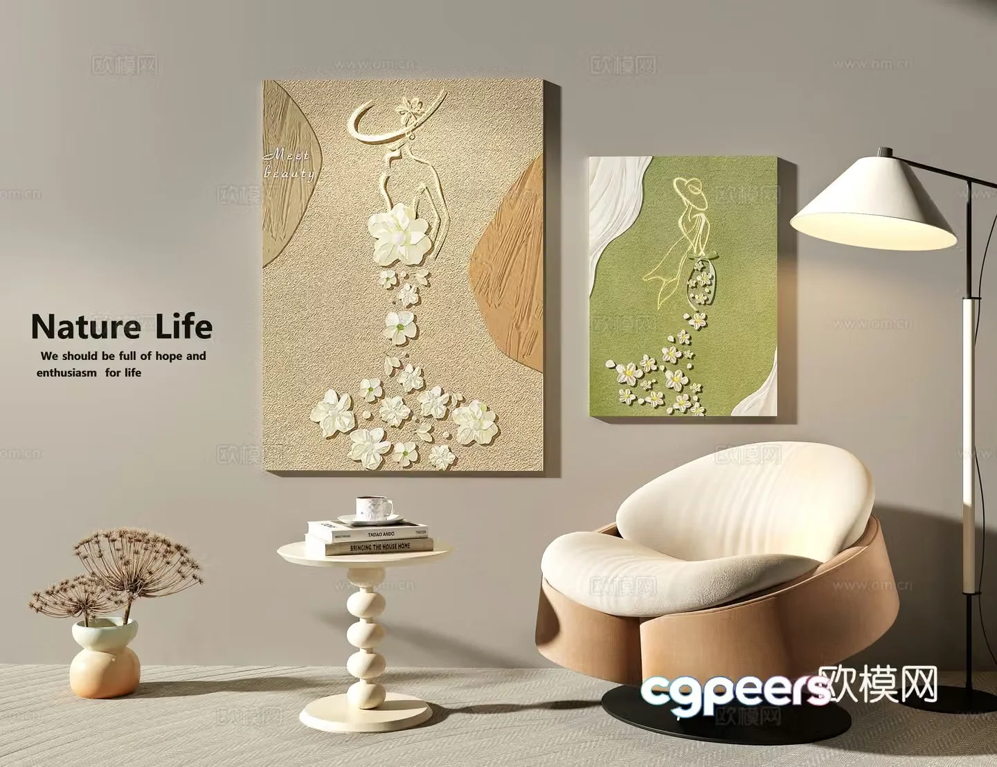 Texture hanging painting casual sofa internet celebrity sofa coffee table floor lamp abstract figure painting 3d model