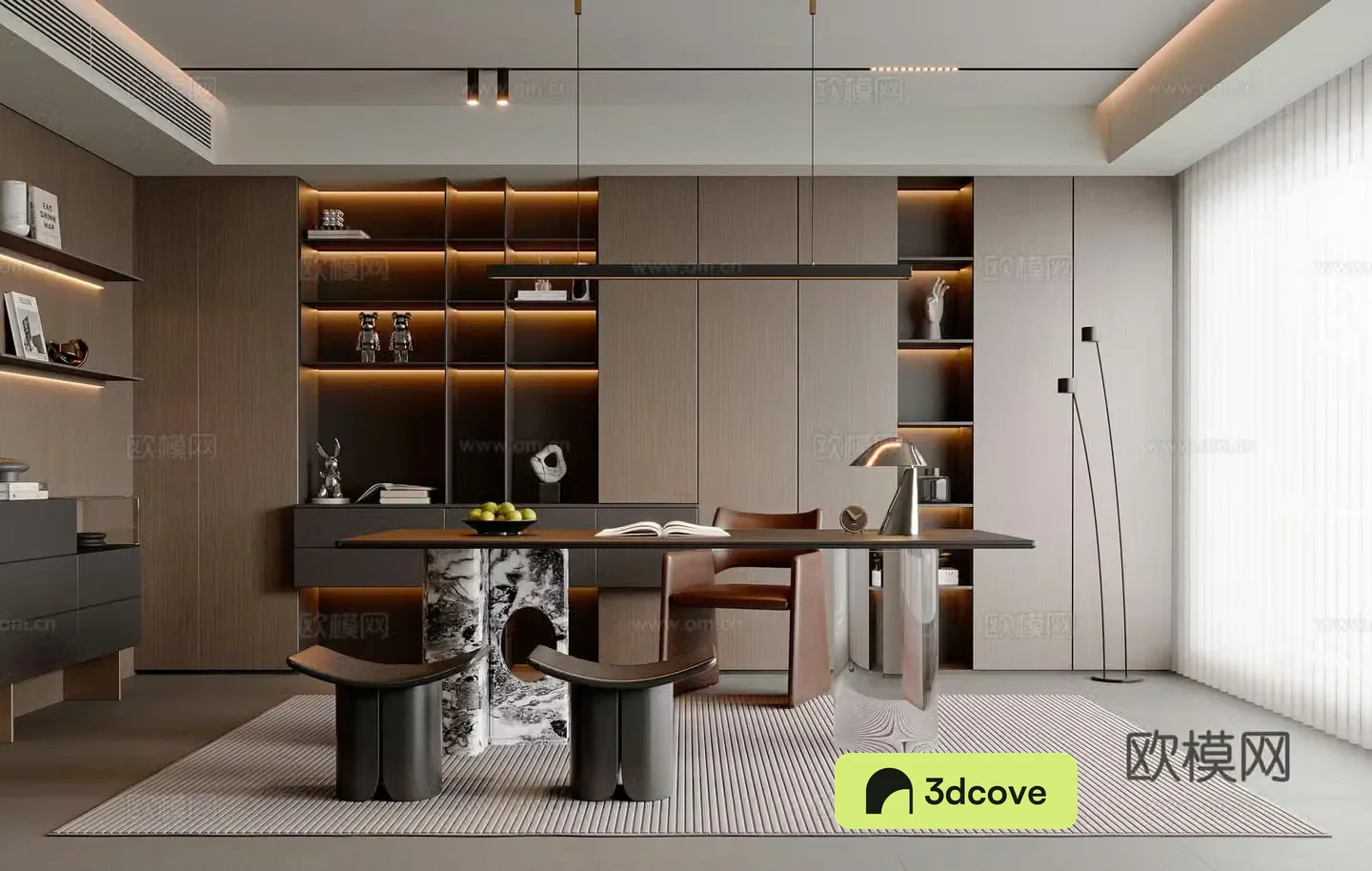 Modern Italian study desk and chair combination Alec single chair chandelier bookcase pier