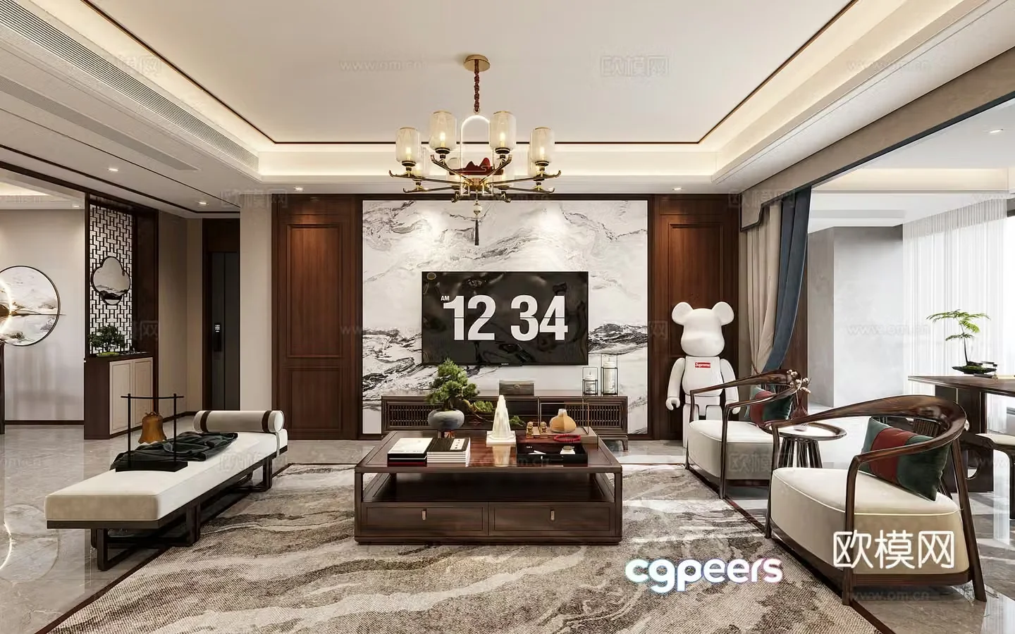 New Chinese style living and dining room 3D model