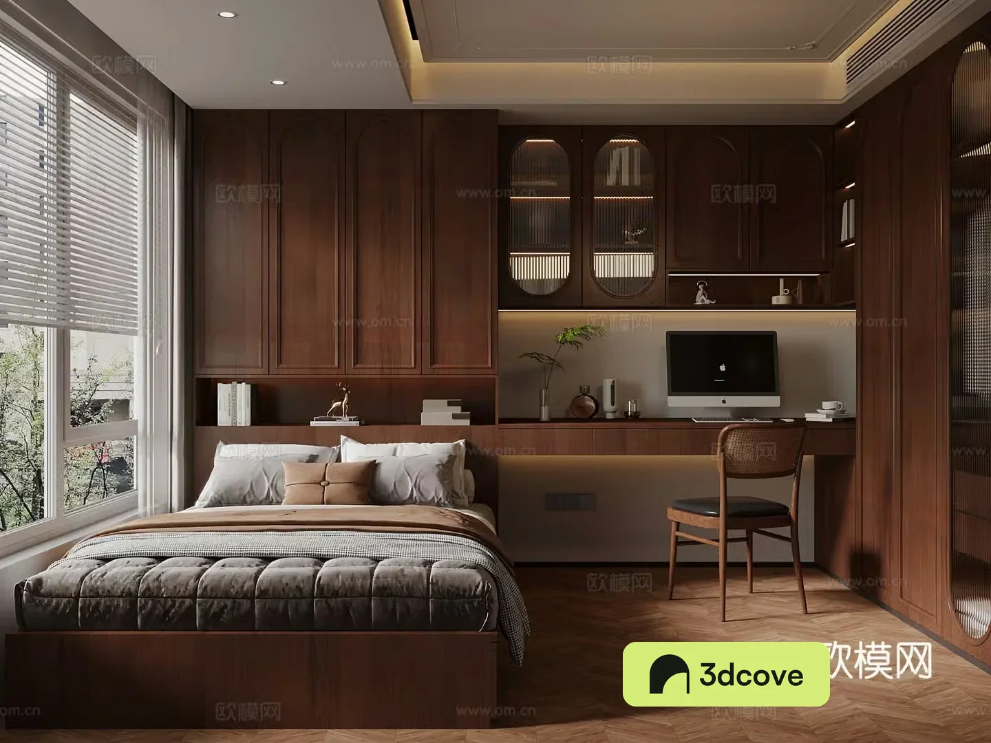 Middle style bedroom single bed wardrobe 3d model