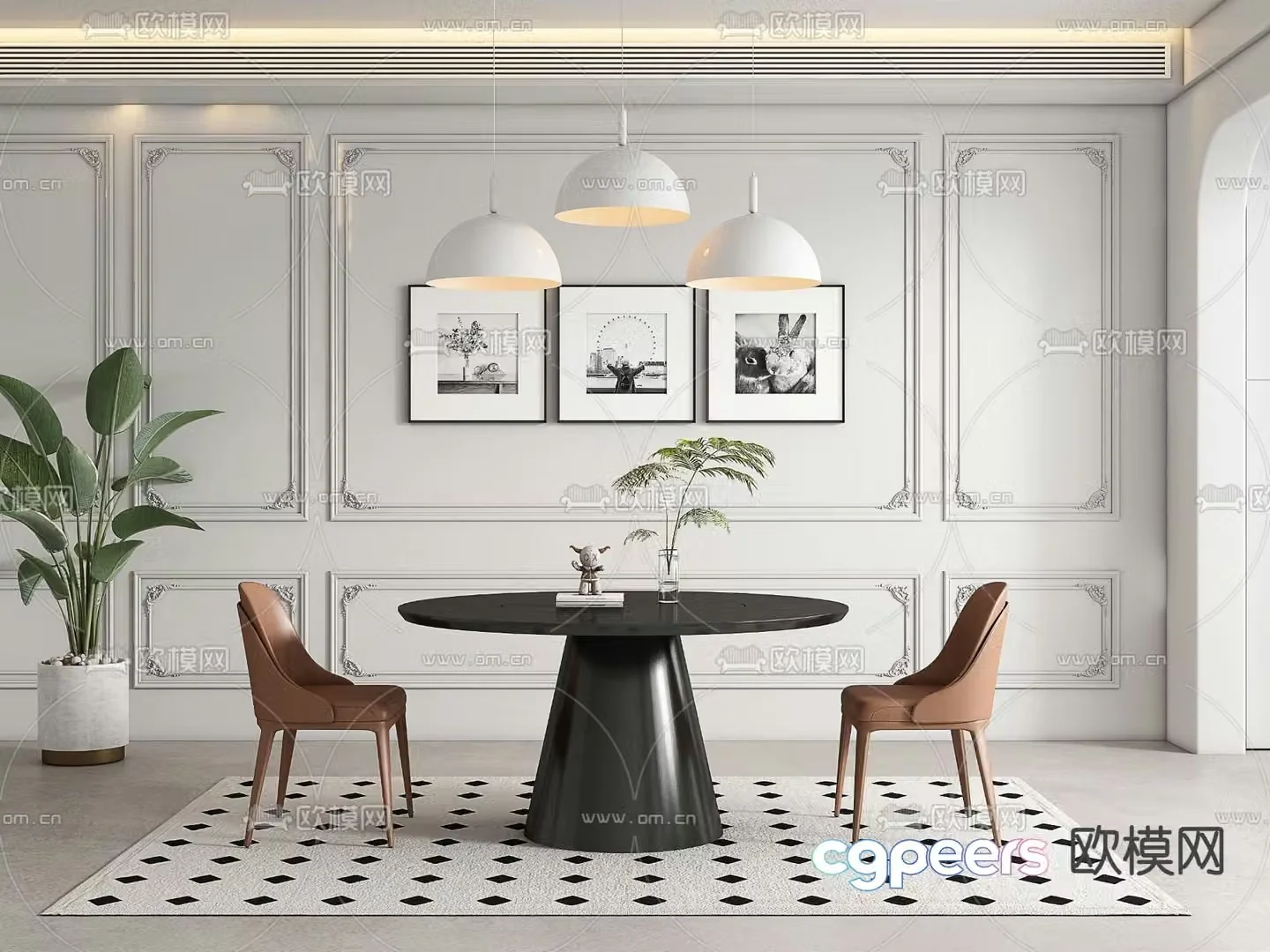 French dining table and chairs round dining table 3d model