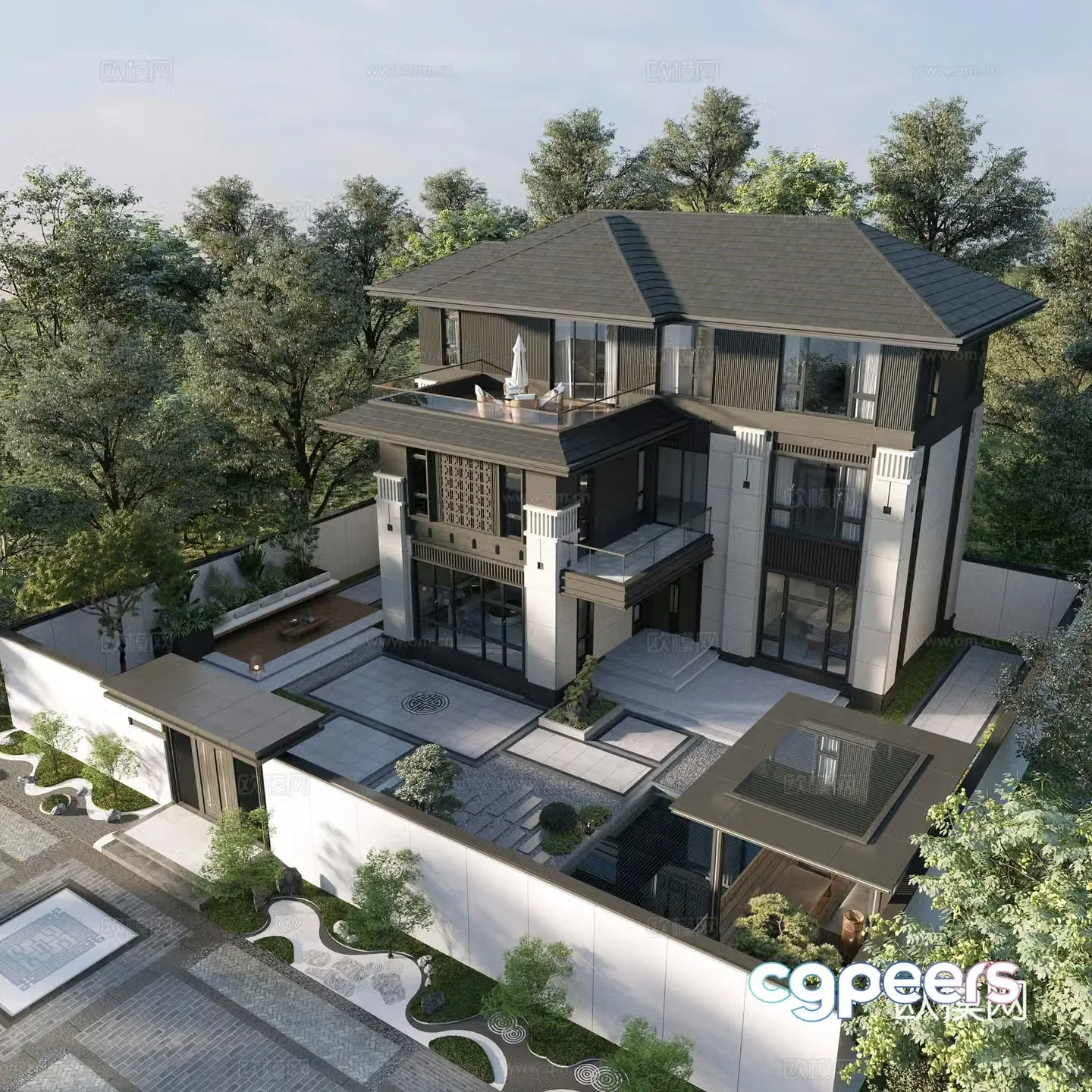 New Chinese style villa building exterior New Chinese style courtyard New Chinese style entrance door 3D model
