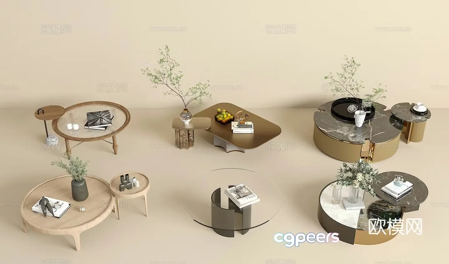 Coffee table combination green plants jewelry ornaments book 3d model