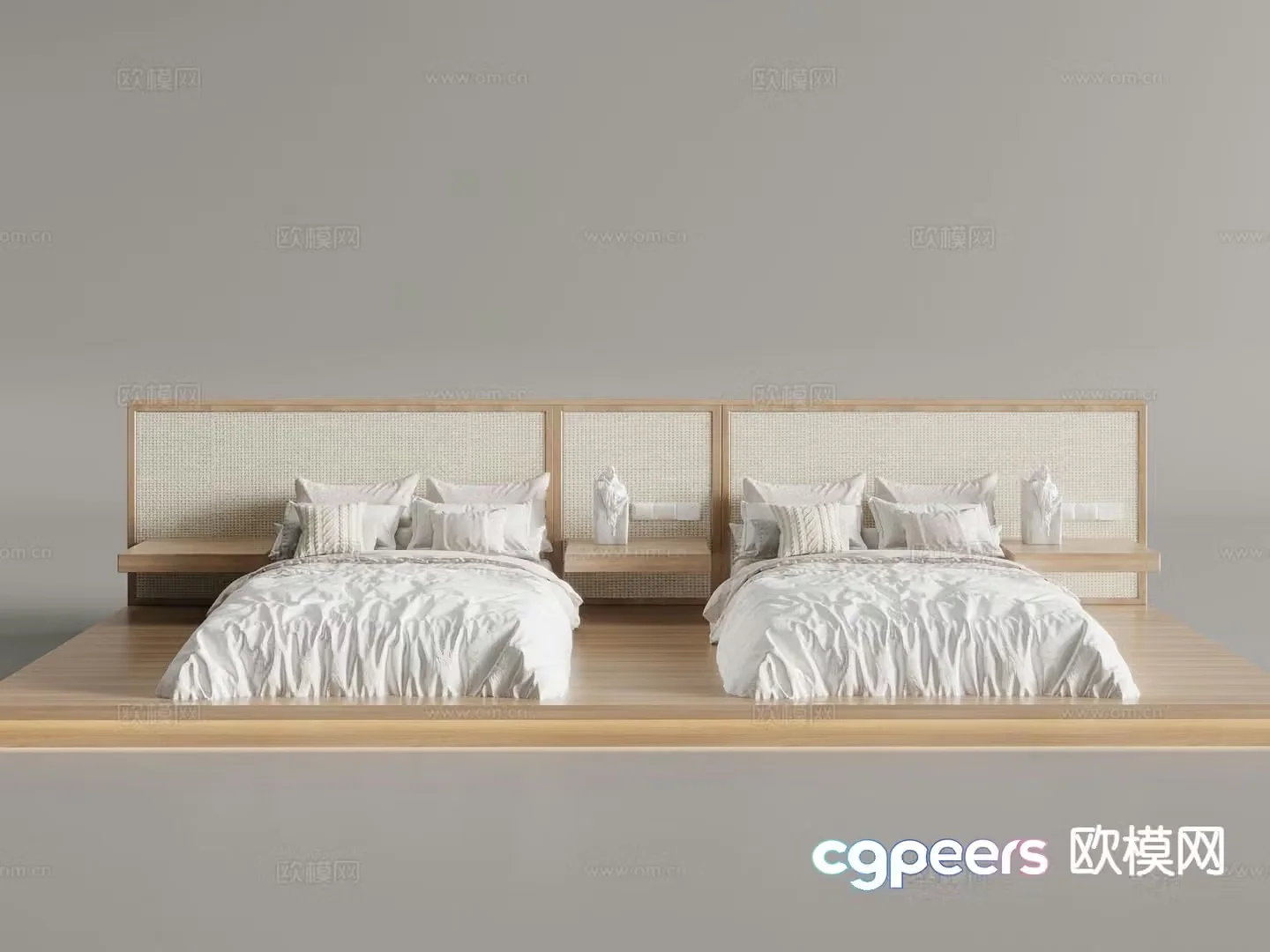 Wabi-sabi style double bed bedside background rattan bedside 3d model