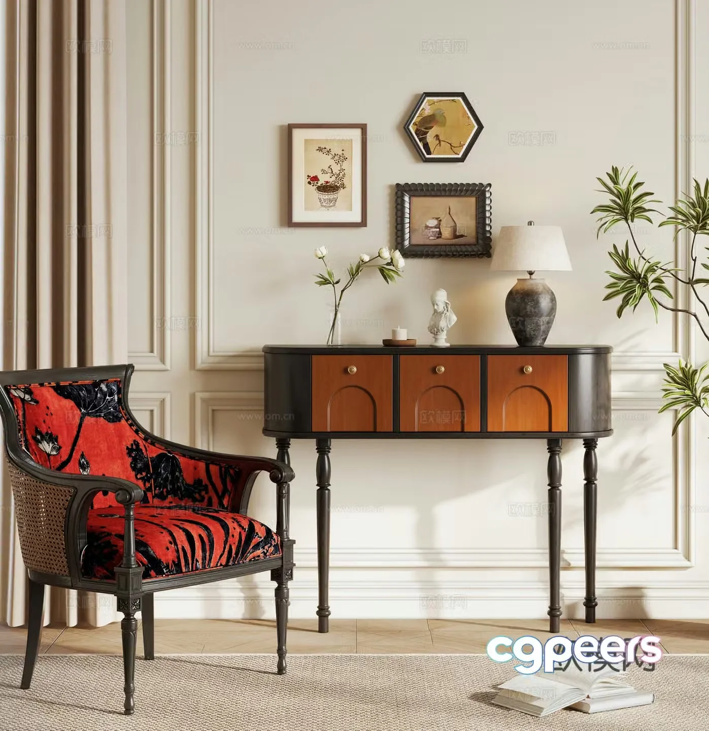 French retro entrance cabinet End view cabinet French leisure chair Single chair Low cabinet 3D model