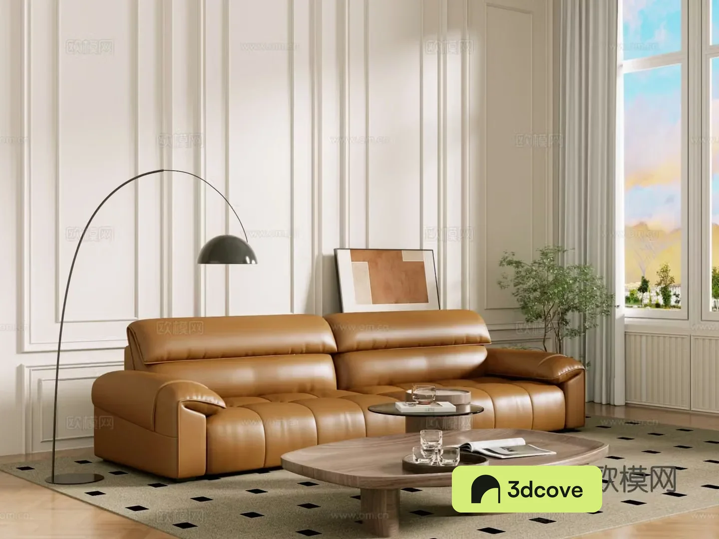 Middle-aged sofa combination coffee table carpet multi-person sofa 3D model