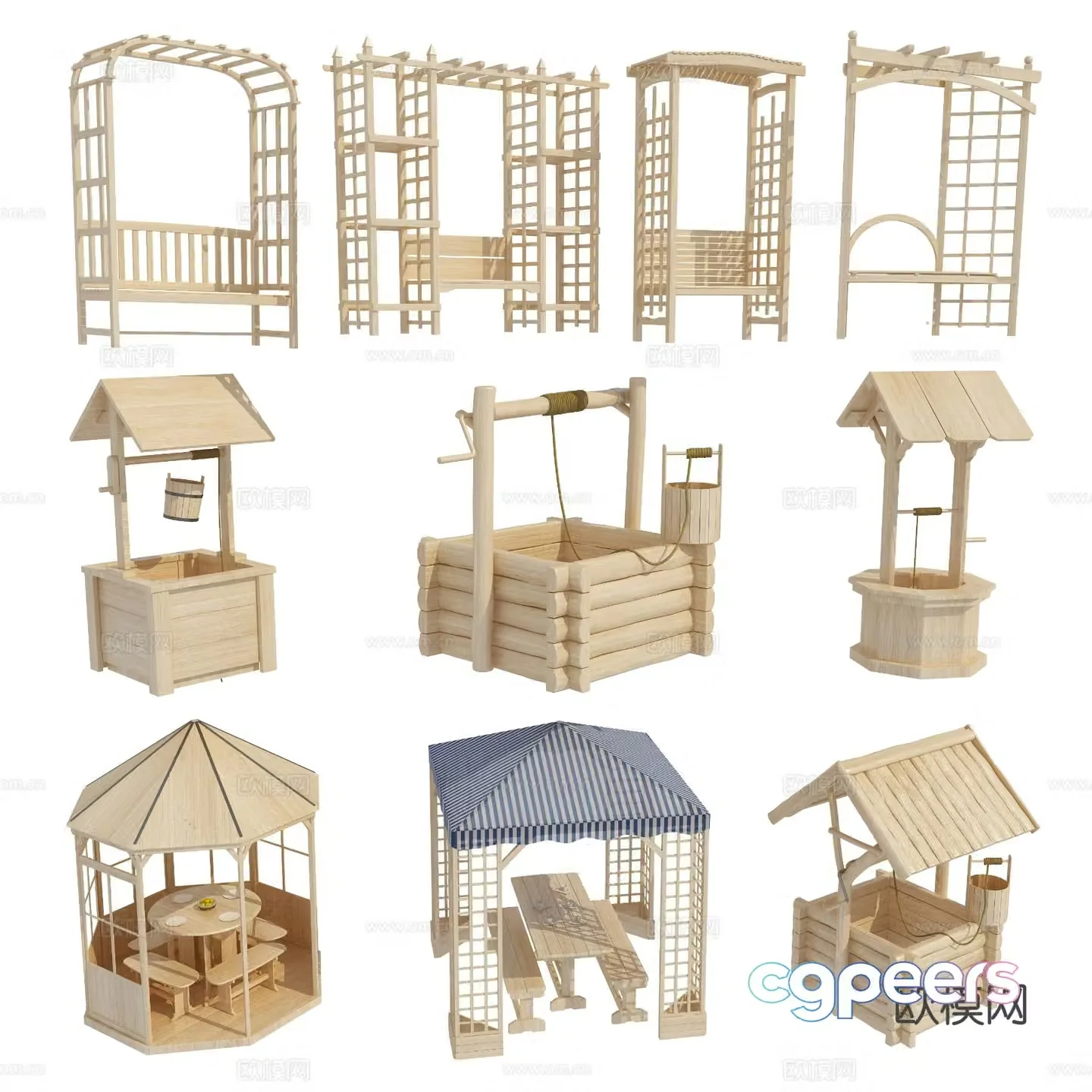 Chinese outdoor tables and chairs leisure pavilion well 3D model