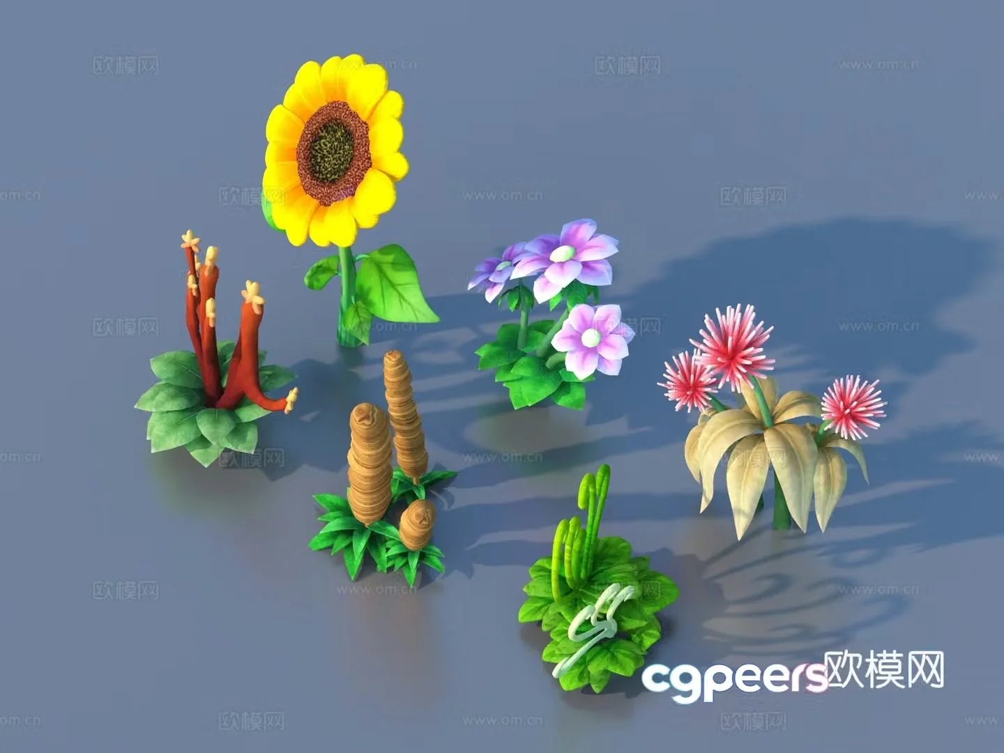 Cartoon Plants Shrub Flowers and Plants 3d Model