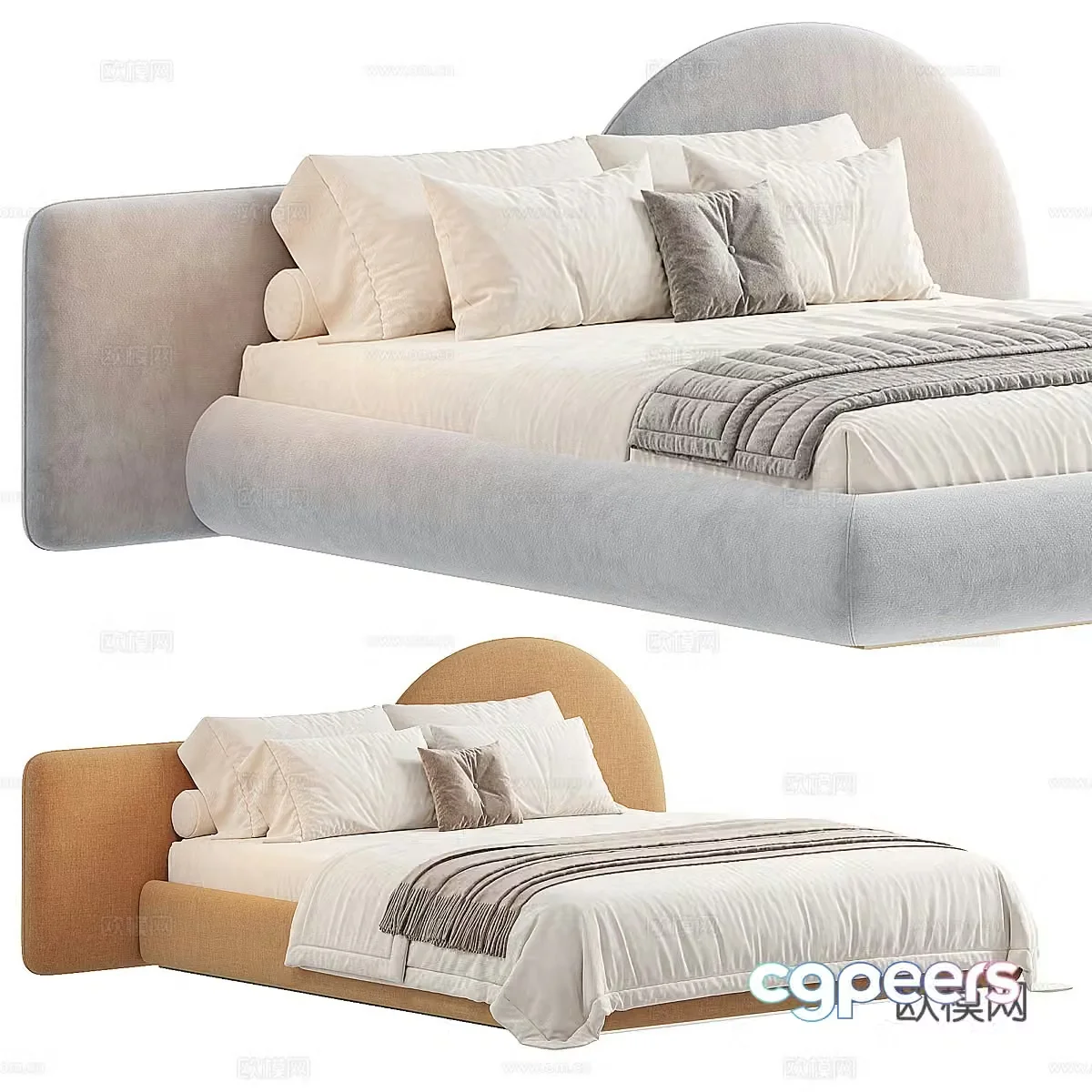 Modern cream style fabric double bed 3d model