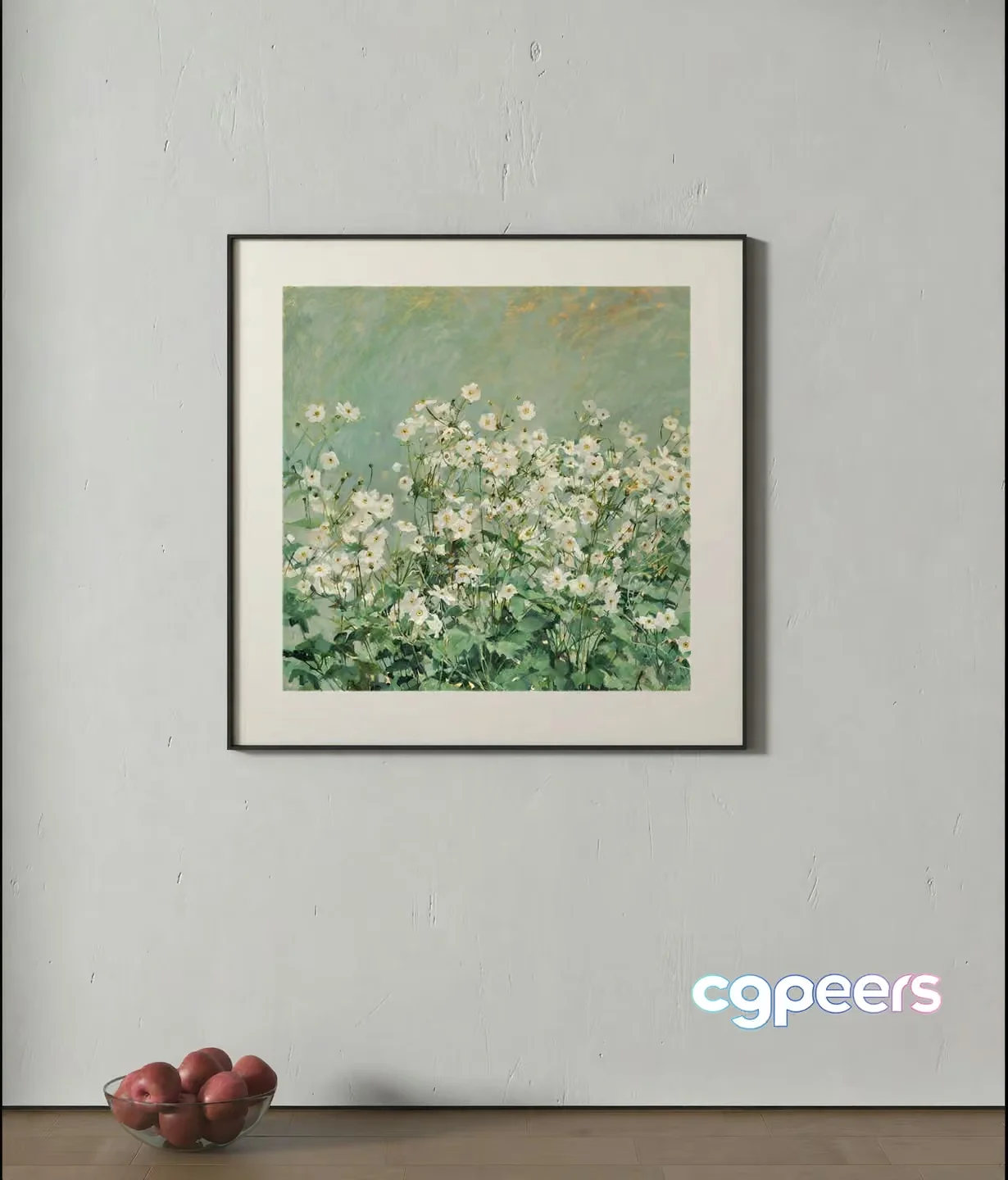 A Framed Painting Of White Flowers On A Light Grey Wall 3D Model – 2650 – VRAY Render