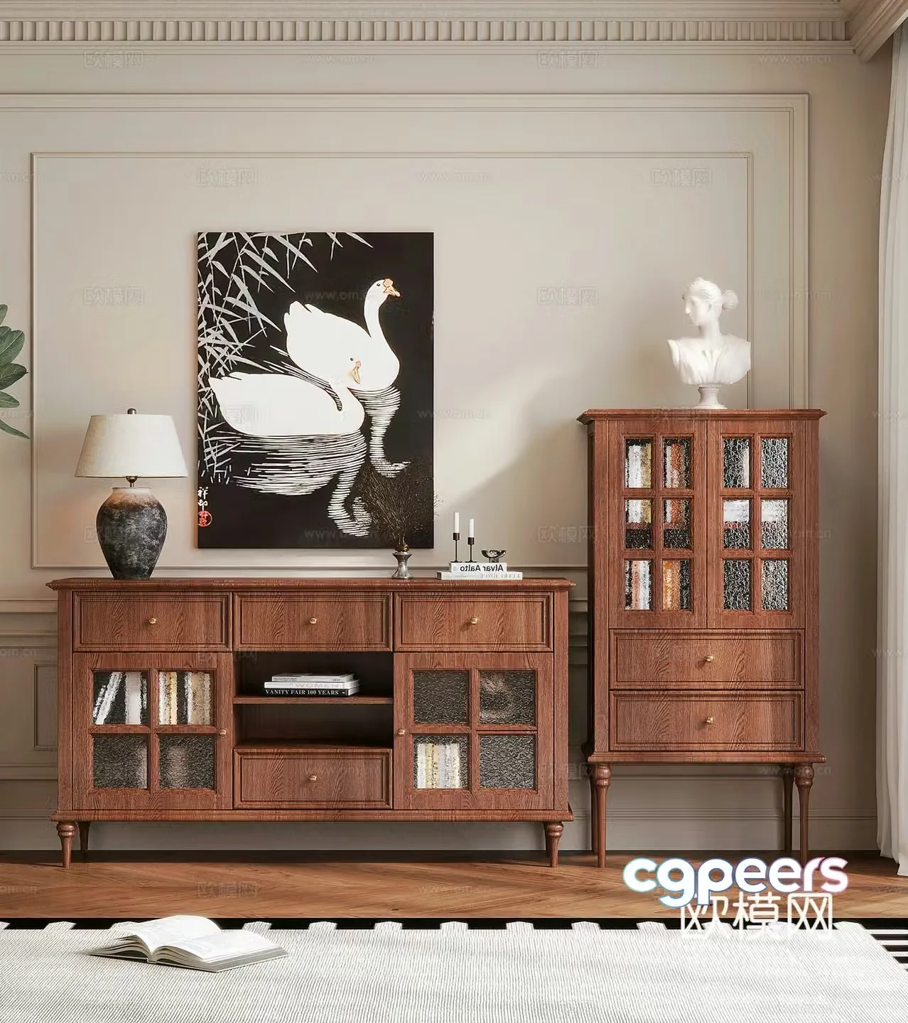 French medieval style porch side cabinet glass side cabinet green plant potted plants decorative painting desk lamp medieval style 3D model