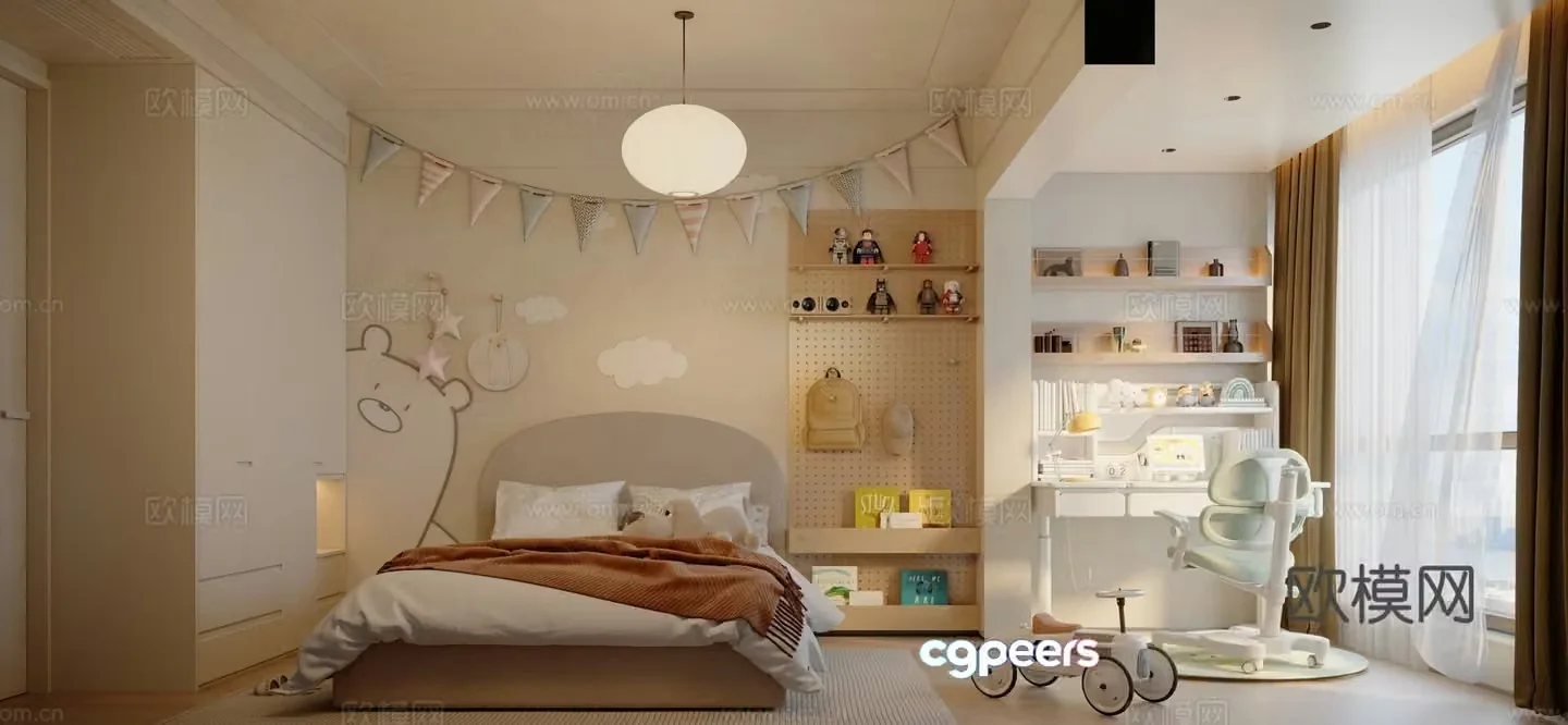 Modern creamy bedroom children’s room 3d model